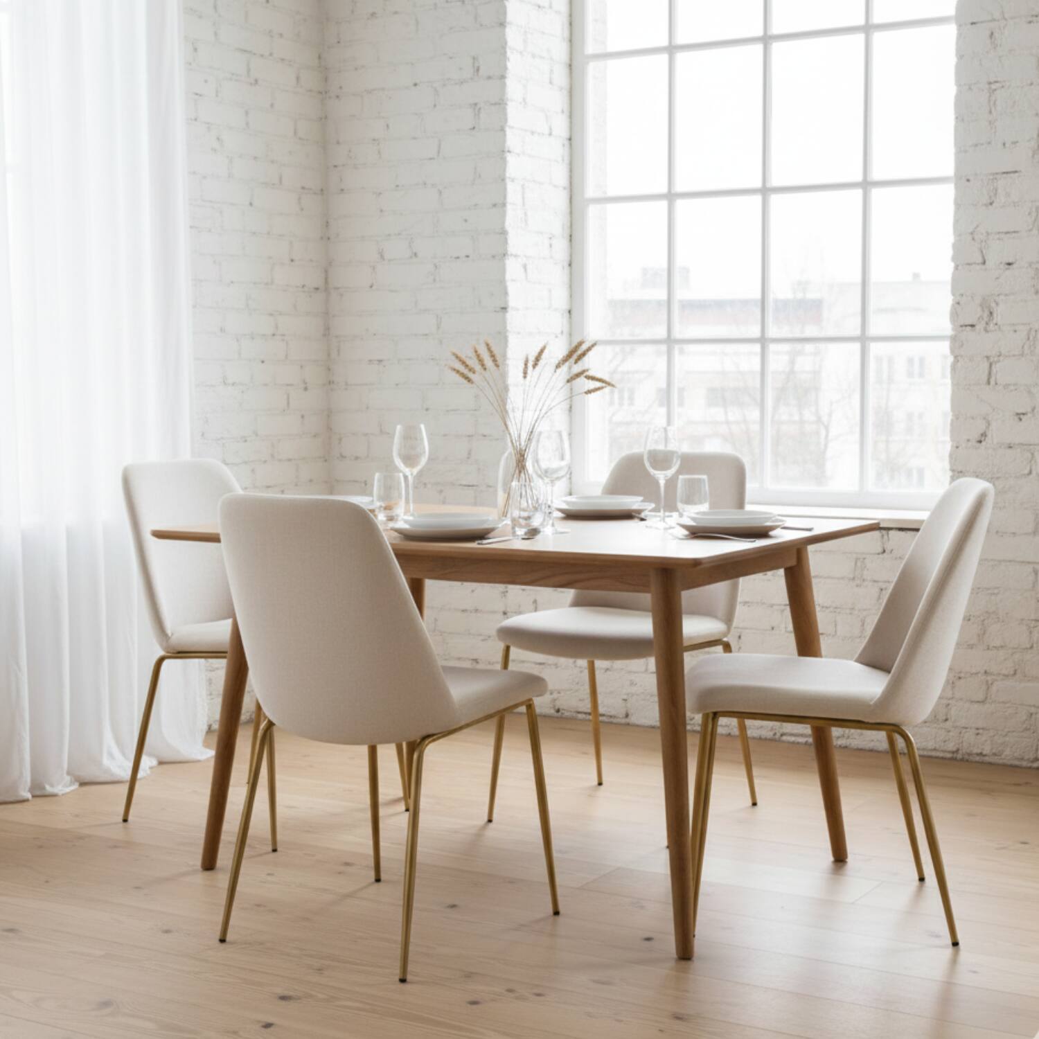 Back. LeisureMod - Lumen Modern Upholstered Dining Chair with Curved Back & Gold Steel Legs - Accent Side Chair - White Boucle.