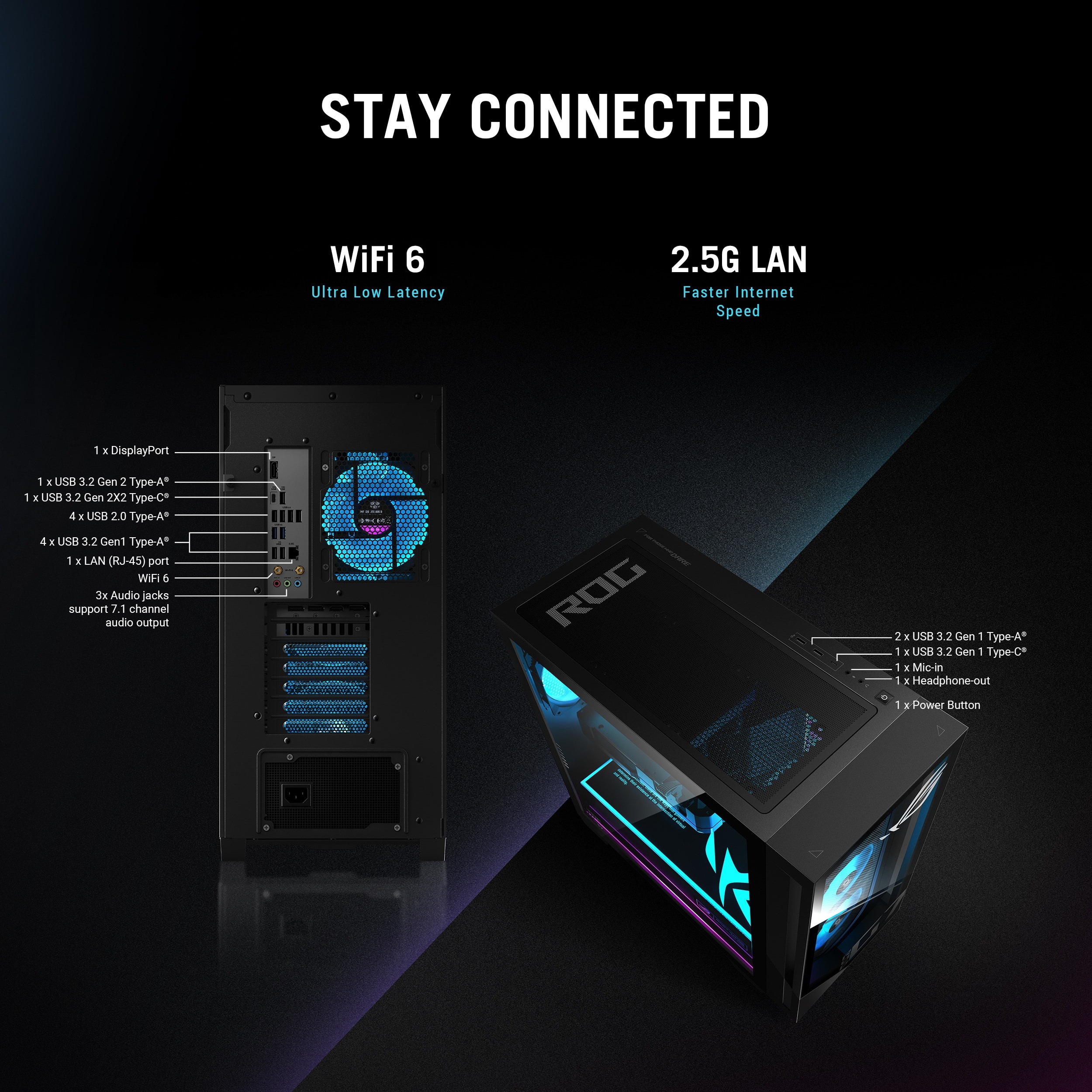 Stay Connected: WiFi 6, Ultra Low Latency, 2.5G LAN, Faster Internet Speed.
1. DisplayPort 1.4
2. USB 3.2 Gen 2 Type-A (x2)
3. USB 3.2 Gen 2 Type-C (x2)
4. USB 3.2 Gen 1 Type-A (x4)
5. LAN (IUJ-45) port
6. 7.1 channel audio output
7. ROG 2 a USB 3.2 Gen 2 Type-A (x1)
8. USB 3.2 Gen 1 Type-C (x1)
9. 3.5mm Audio Jacks
10. Mic-in
11. Headphone-out
12. Power Button