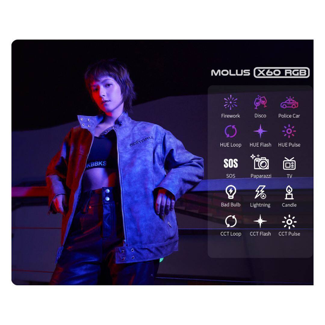 MOLUS X60 RGB

- Firework
- Disco
- Police Car
- HUE Loop
- HUE Flash
- HUE Pulse
- SOS
- Paparazzi
- TV
- Bad Bulb
- Lightning
- Candle
- CCT Loop
- CCT Flash
- CCT Pulse