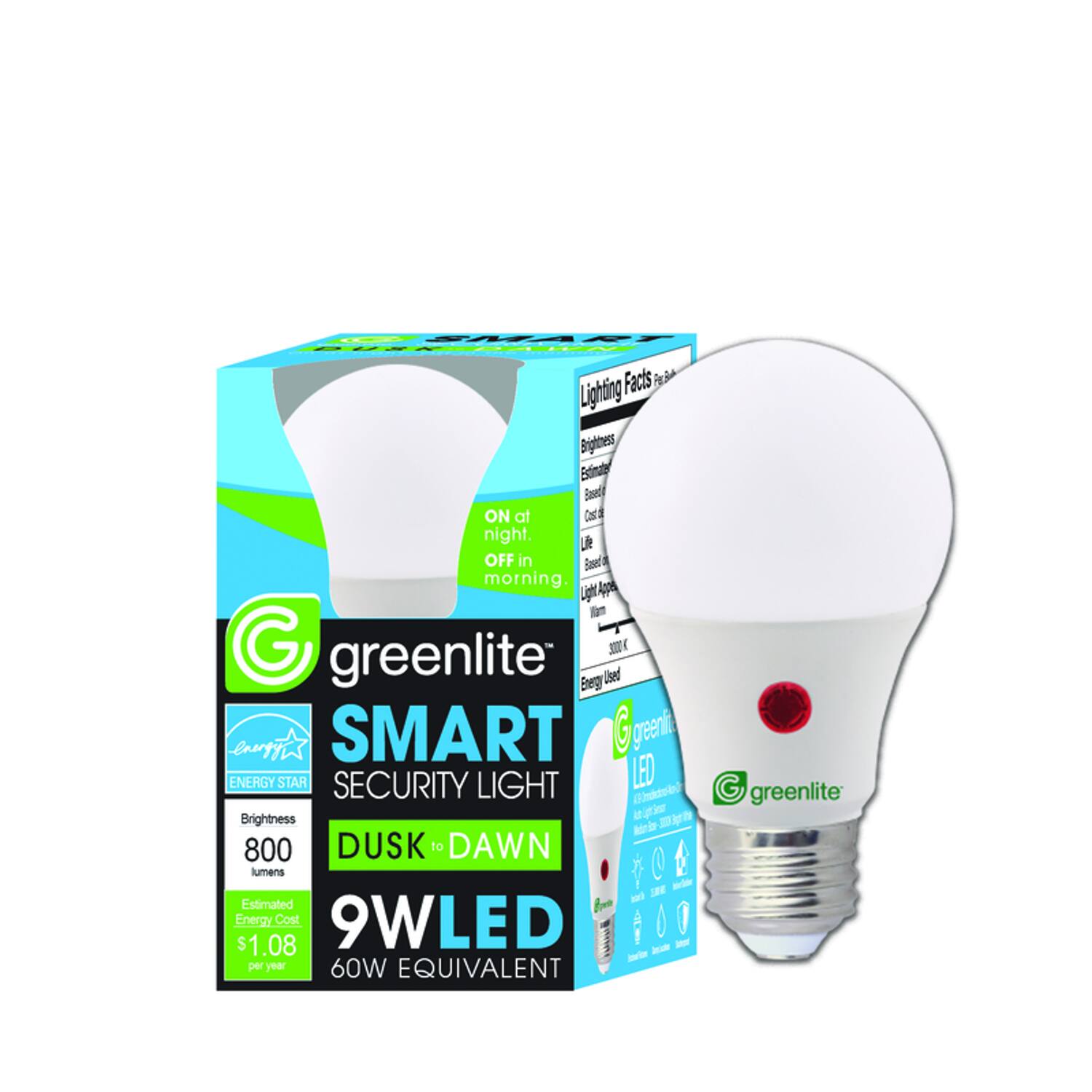 SMART DUSK SPAWN Lighting Facts Brightness Estimate Based on Cost night. Life OFF in Based morning. Light-Appe G greenlite Beergy Used yme lavoth SMART greanti ENERGY STAR SECURITY LIGHT LED (9.0mbidraturo-In Brightness 300 ig 800 DUSK to DAWN lumens Estimated Energy Cost 9WLED $1.08 ADI per year 60W EQUIVALENT