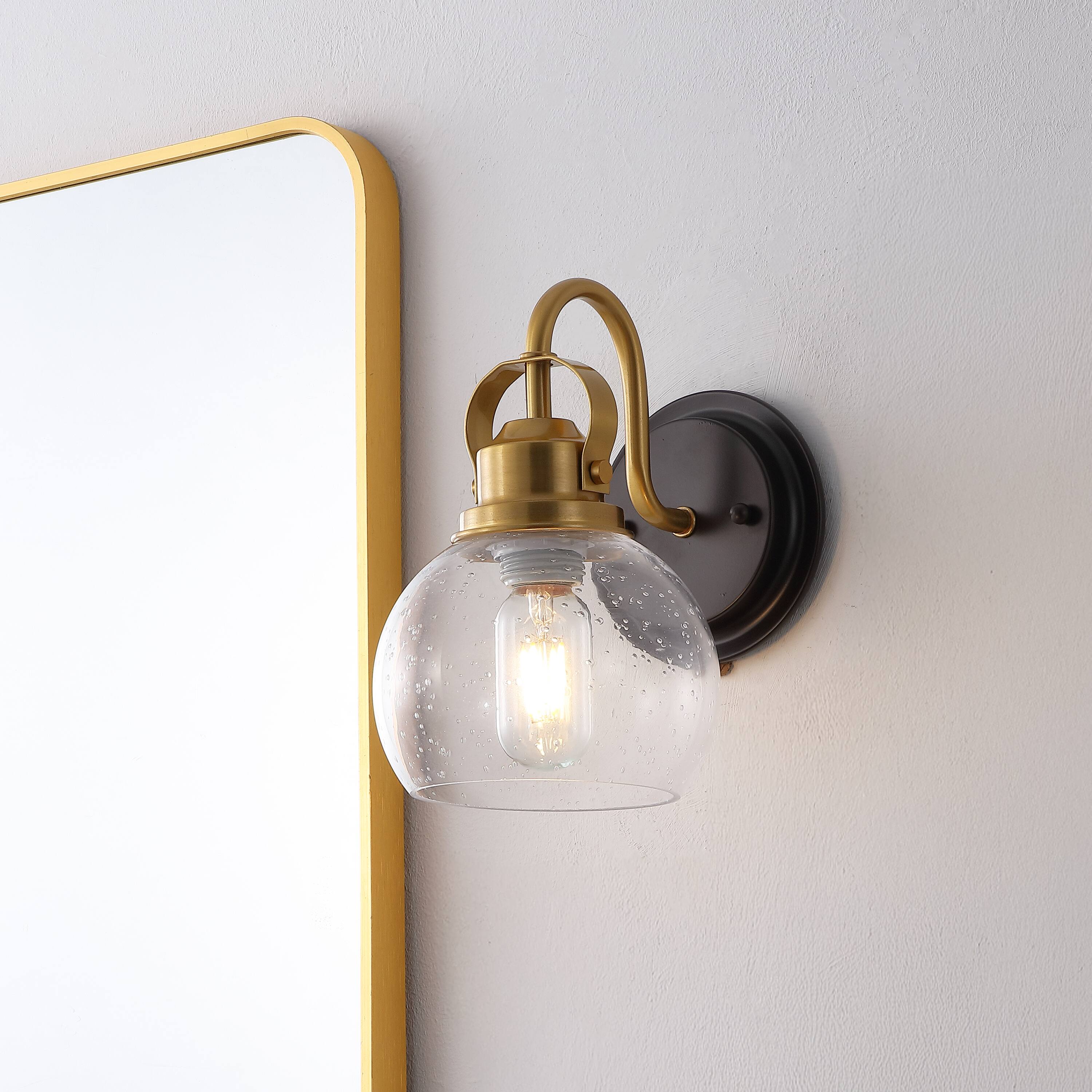 Alt View 1. Jonathan Y - Shirley 6" 1-Light Farmhouse Metal LED Vanity Light with Seeded Glass Globe Shade, Brass Gold/Oil Rubbed Bronze - Brass Gold/Oil Rubbed Bronze.