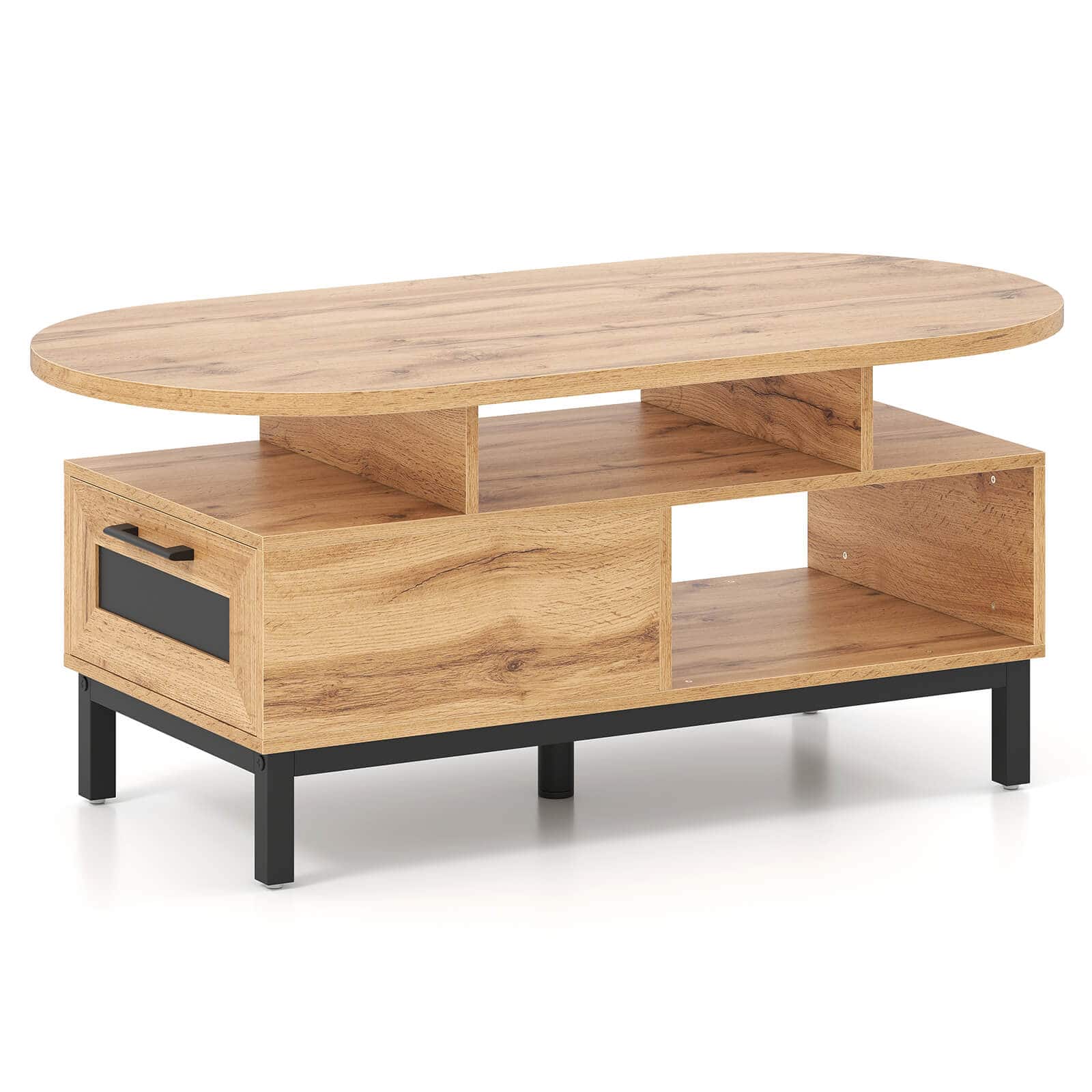"Costway - 47"" Oval Top Coffee Table with 4 Open Compartments & Drawer, 5 support legs - Natural" price history on PriceWatchPro