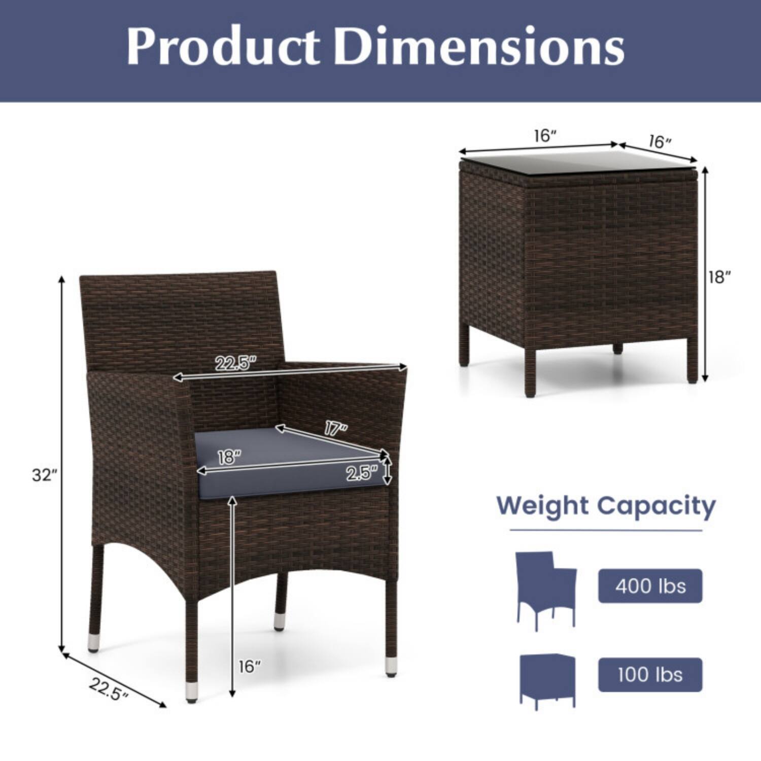 Product Dimensions  
16" x 16" x 18" x 22.5" x 32" x 18" x 17" x 2.5"  

Weight Capacity  
400 lbs (chair)  
100 lbs (table)