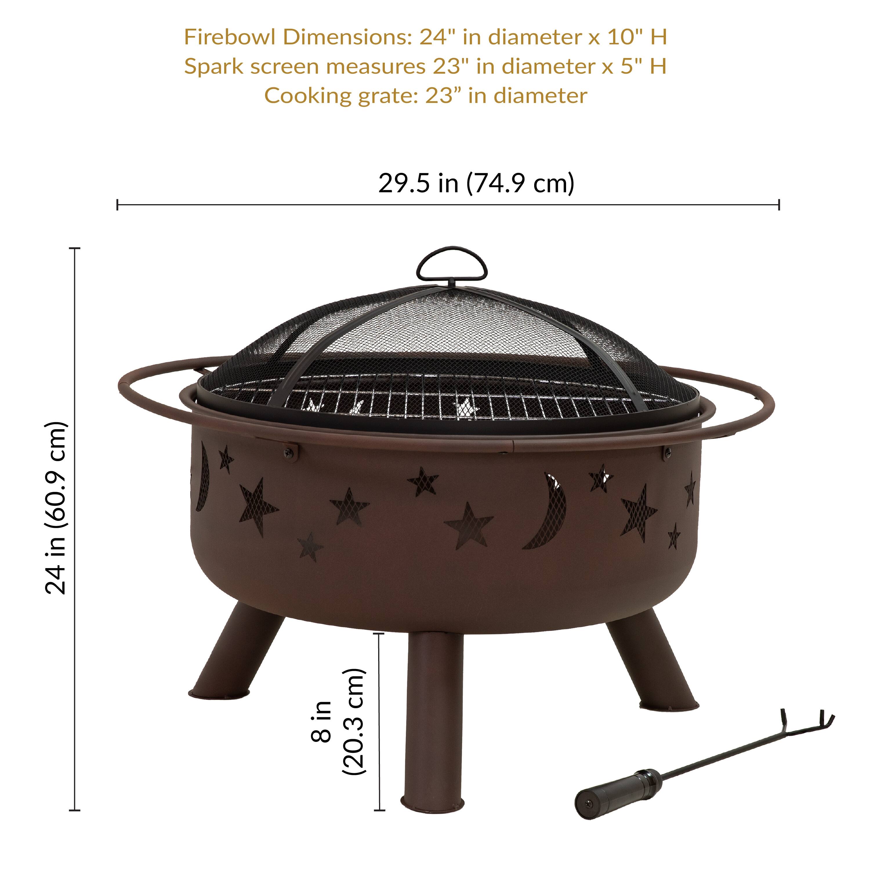 Firebowl Dimensions: 24" in diameter x 10" H  
Spark screen measures 23" in diameter x 5" H  
Cooking grate: 23" in diameter  

29.5 in (74.9 cm)  
24 in (60.9 cm)  
8 in (20.3 cm)