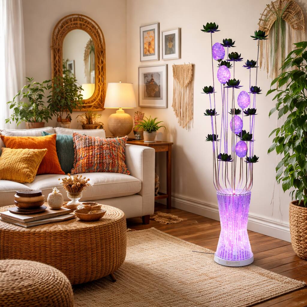 Front. FC Design - 61"H Black Floral Spray with Peach  LED Glow Floor Lamp.