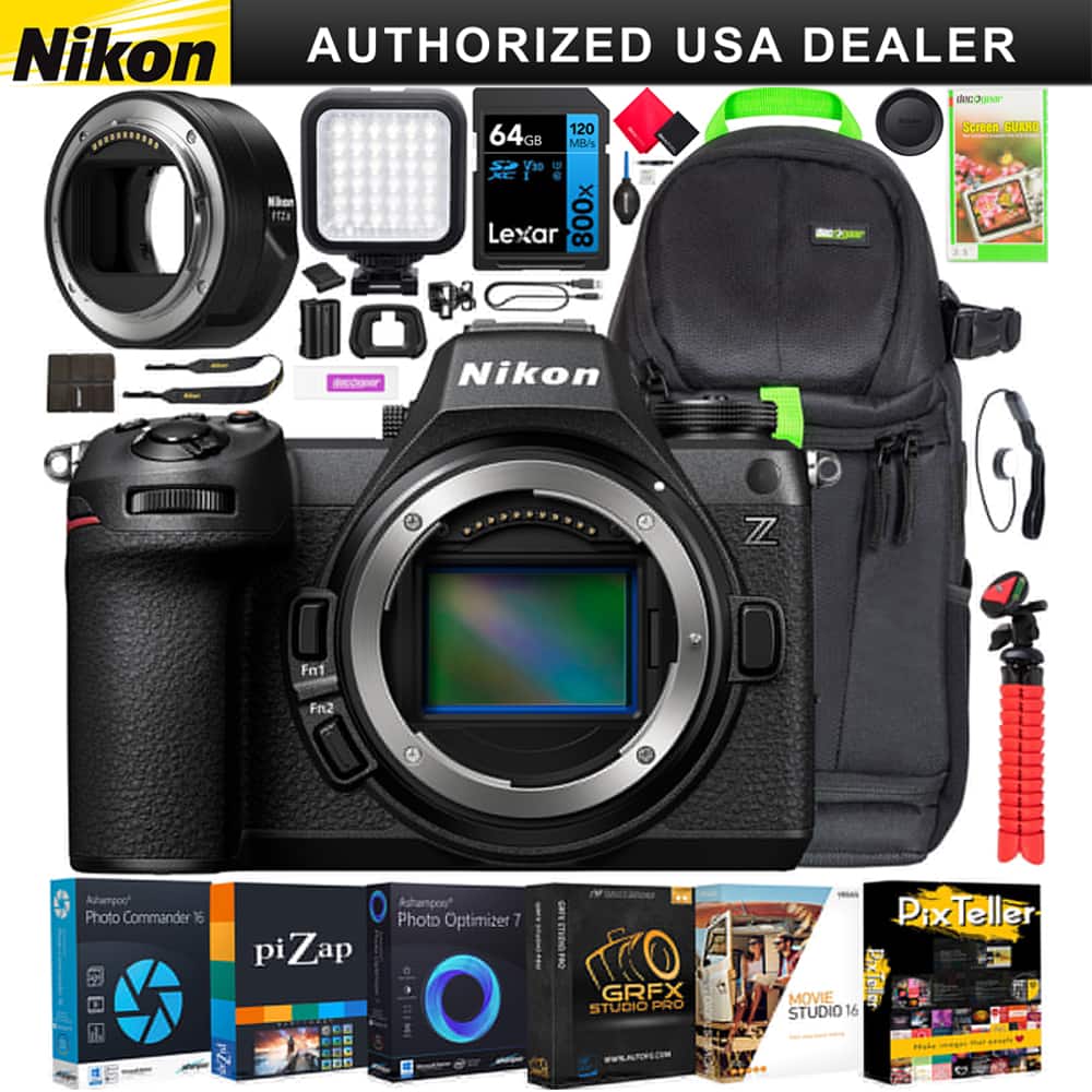 Nikon  
AUTHORIZED USA DEALER  

- Nikon FTZ Adapter  
- Nikon Camera Body  
- 64GB Lexar 800x SD Card  
- 120GB Lexar 800x SD Card  
- Screen Guard  
- Camera Bag  
- Flash  
- Tripod  
- Memory Card Reader  
- USB Cable  
- Battery Charger  
- Batteries  
- Lens Hood  
- Lens Cap  
- Lens Cleaning Kit  
- Camera Strap  

Software:  
- Ashampoo Photo Commander 16  
- piZap  
- Ashampoo Photo Optimizer 7  
- GRFX STUDIO PRO  
- MOVIE STUDIO 16  
- PixTeller  

Website:  
www.ALTORE.COM