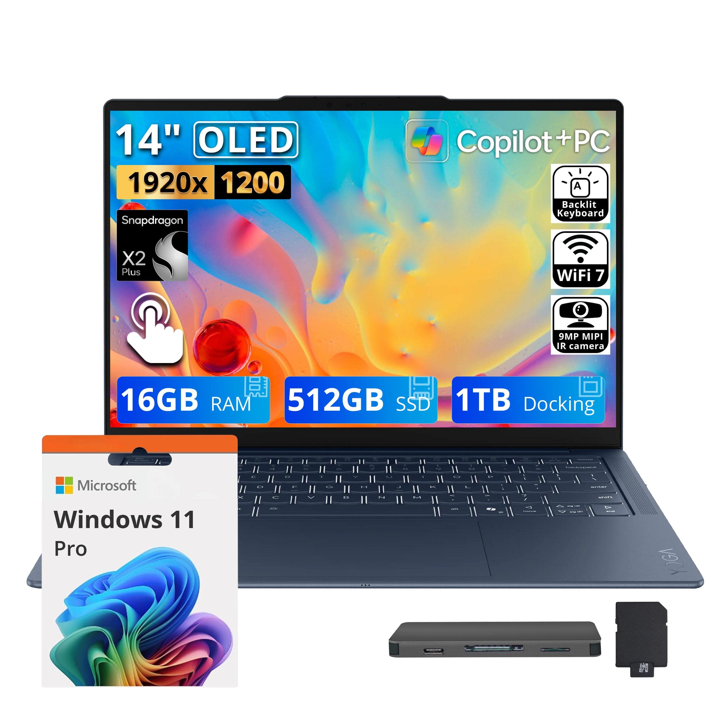 Lenovo - Upgraded - Yoga Slim 7x 14" WUXGA Touch Laptop,Snapdragon X2 Plus,16GB RAM,512GB SSD+1TB Dock,Backlit,Win 11 Pro - Cosmic Blue