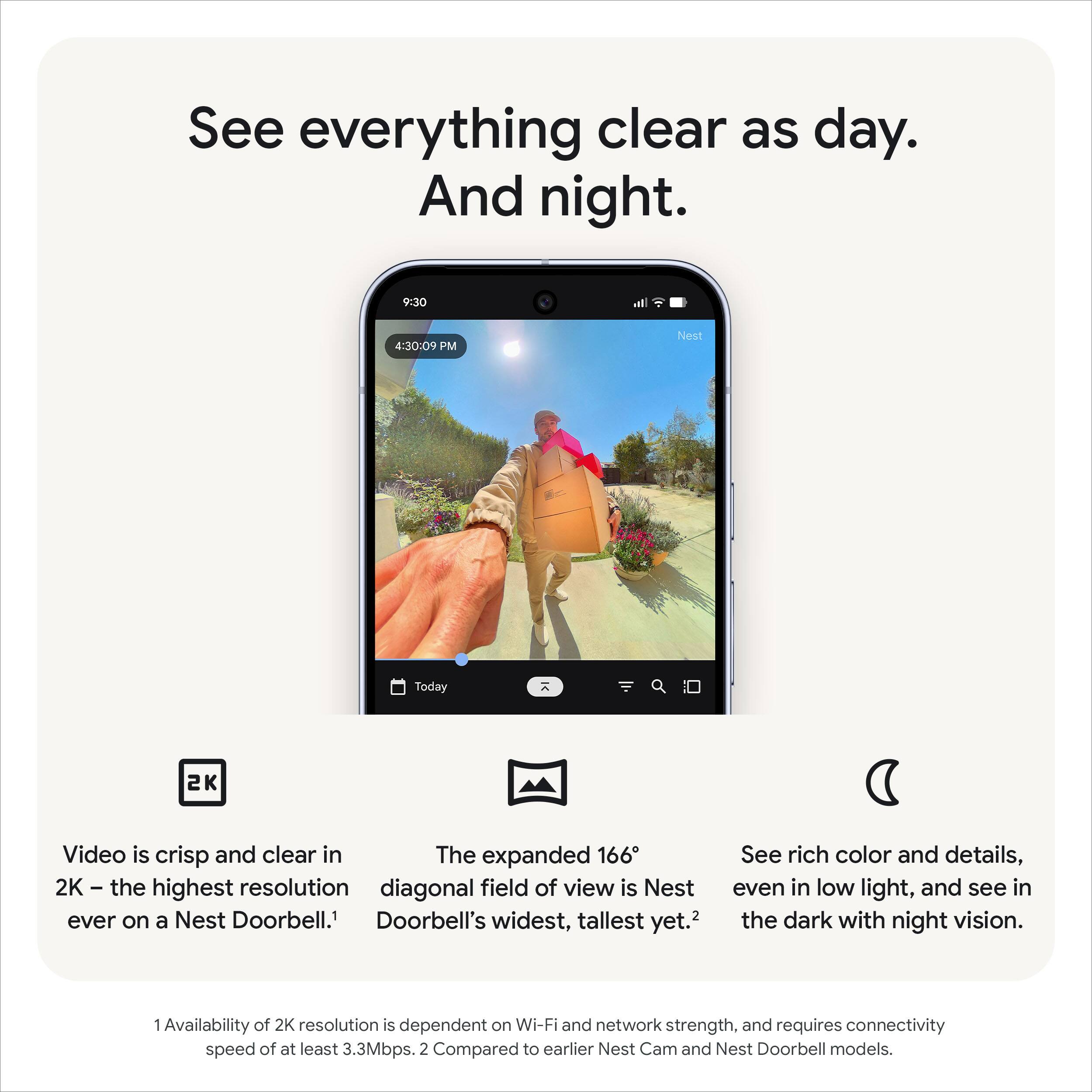 See everything clear as day. And night.

Video is crisp and clear in 2K – the highest resolution ever on a Nest Doorbell.¹

The expanded 166° diagonal field of view is Nest Doorbell's widest, tallest yet.²

See rich color and details, even in low light, and see in the dark with night vision.

¹Availability of 2K resolution is dependent on Wi-Fi and network strength, and requires connectivity speed of at least 3.3Mbps.  
²Compared to earlier Nest Cam and Nest Doorbell models.
