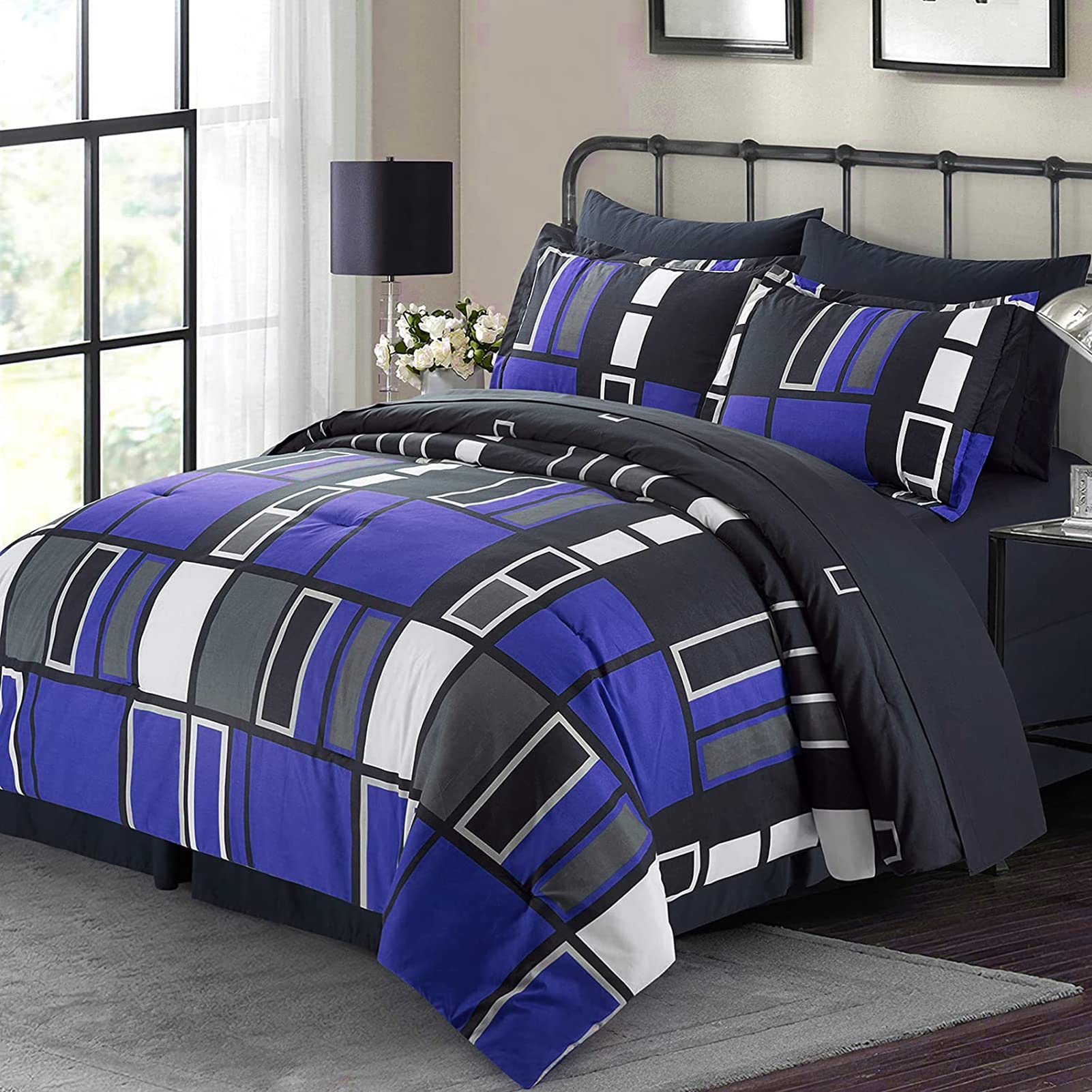 Paradigms Interiors – Gray Plaid Pattern Bed In A Bag 8 Piece Bedding Comforter Sets 1 2 Pillow Shams Flat Sheet Fitted Skirt Pil – Blue-Twin Paradigms Interiors – Gray Plaid Pattern Bed In A Bag 8 Piece Bedding Comforter Sets 1 2 Pillow Shams Flat Sheet Fitted Skirt Pil – Blue-Twin
