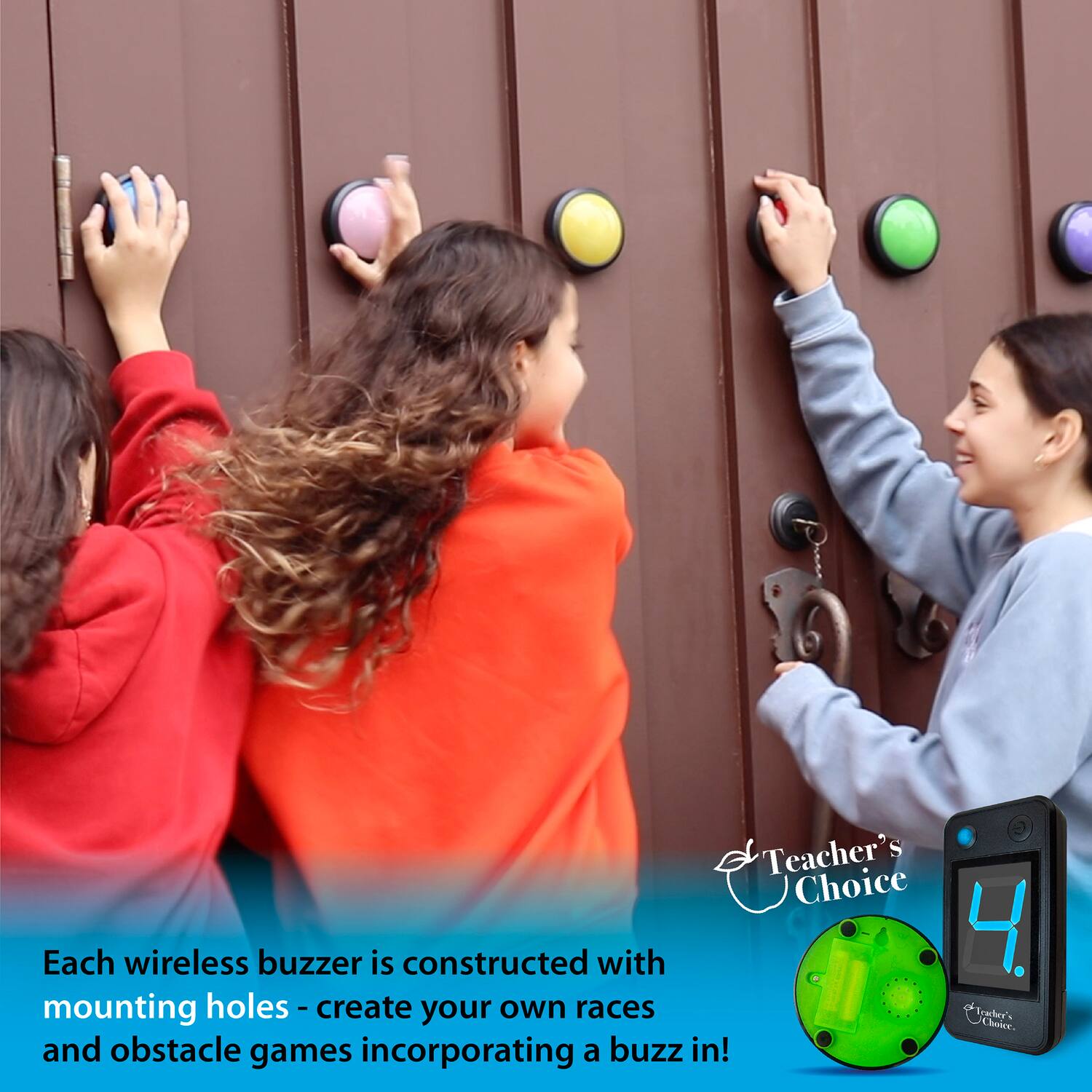 Teacher's Choice

Each wireless buzzer is constructed with 4 mounting holes - create your own races and obstacle games incorporating a buzz in!