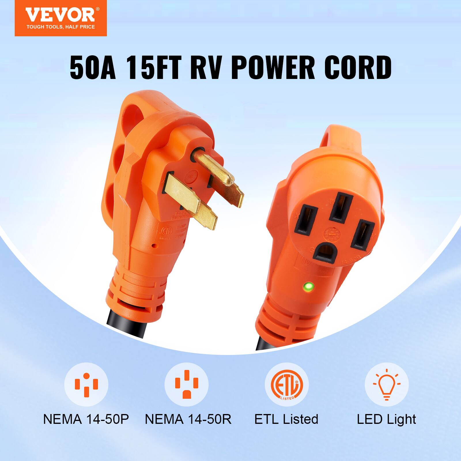 VEVOR TOUGH TOOLS, HALF PRICE 50A 15FT RV POWER CORD 2 TT. ETL Listed NEMA 14-50P NEMA 14-50R LED Light