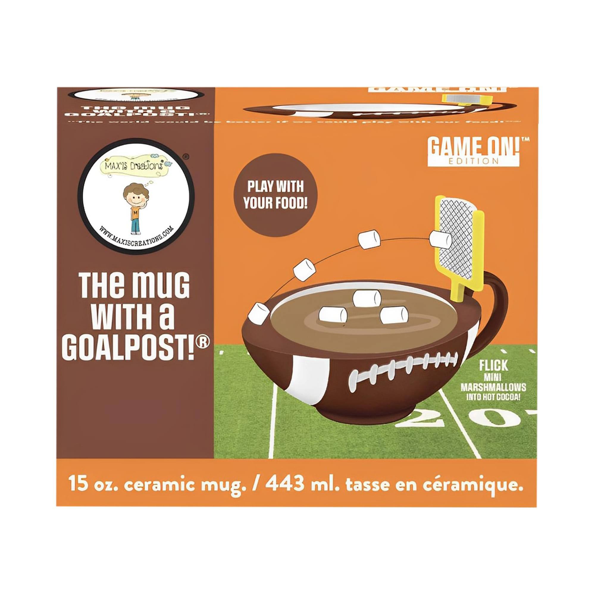 **Maxi's Creations**  
WWW.MAXISCREATIONI.COM

**THE MUG WITH A GOALPOST!**  
PLAY WITH YOUR FOOD! GAME ON! EDITION

**GAME ON!™ EDITION**

**FLICK MINI MARSHMALLOWS INTO HOT COCOA!**

15 oz. ceramic mug. / 443 ml. tasse en céramique.