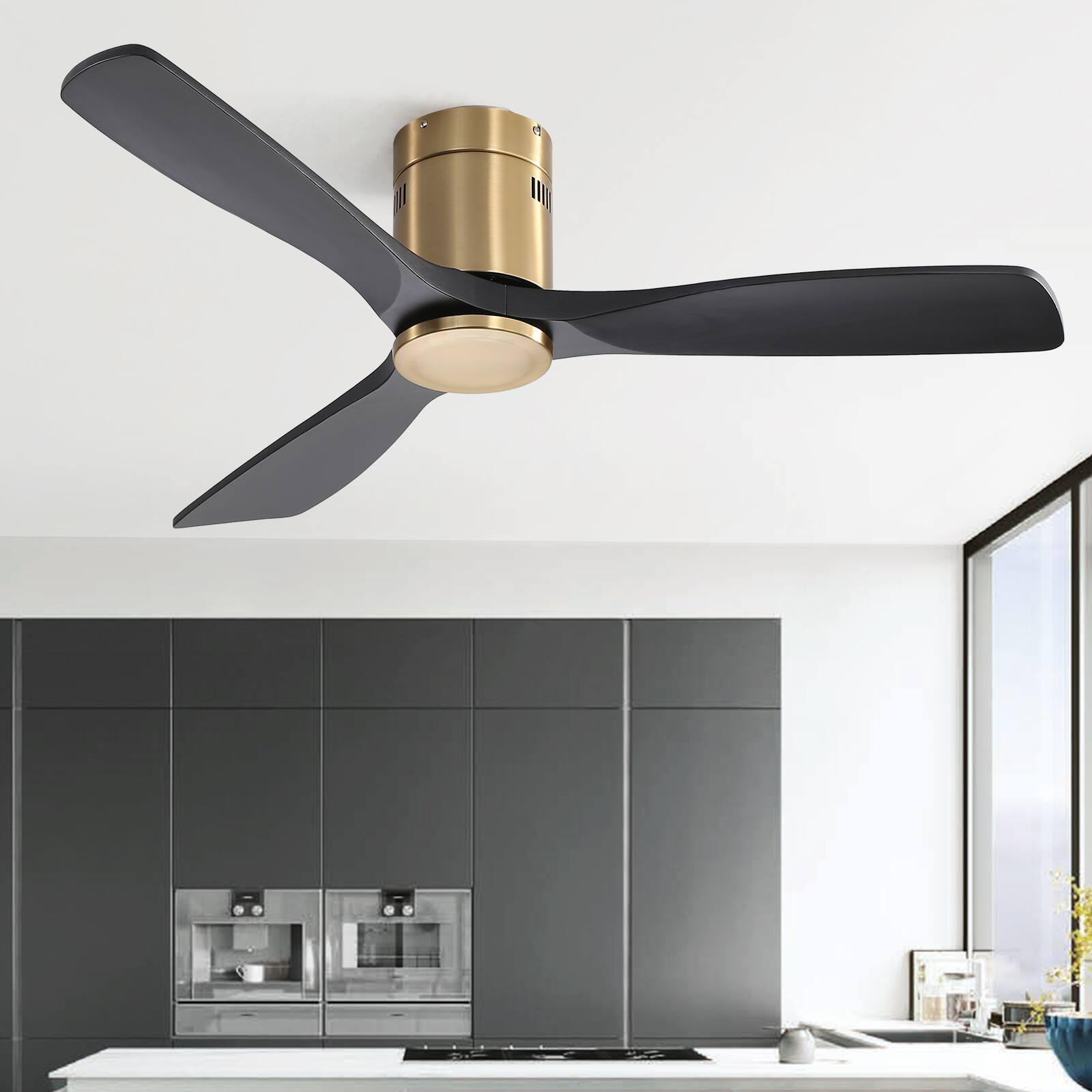 Alt View 4. Sofucor - 52'' Gold Ceiling Fan Modern Flush Mount Ceiling Fan No Light with Remote 3 Wood Blades for Bedroom/Farmhouse/Patio - Gold.
