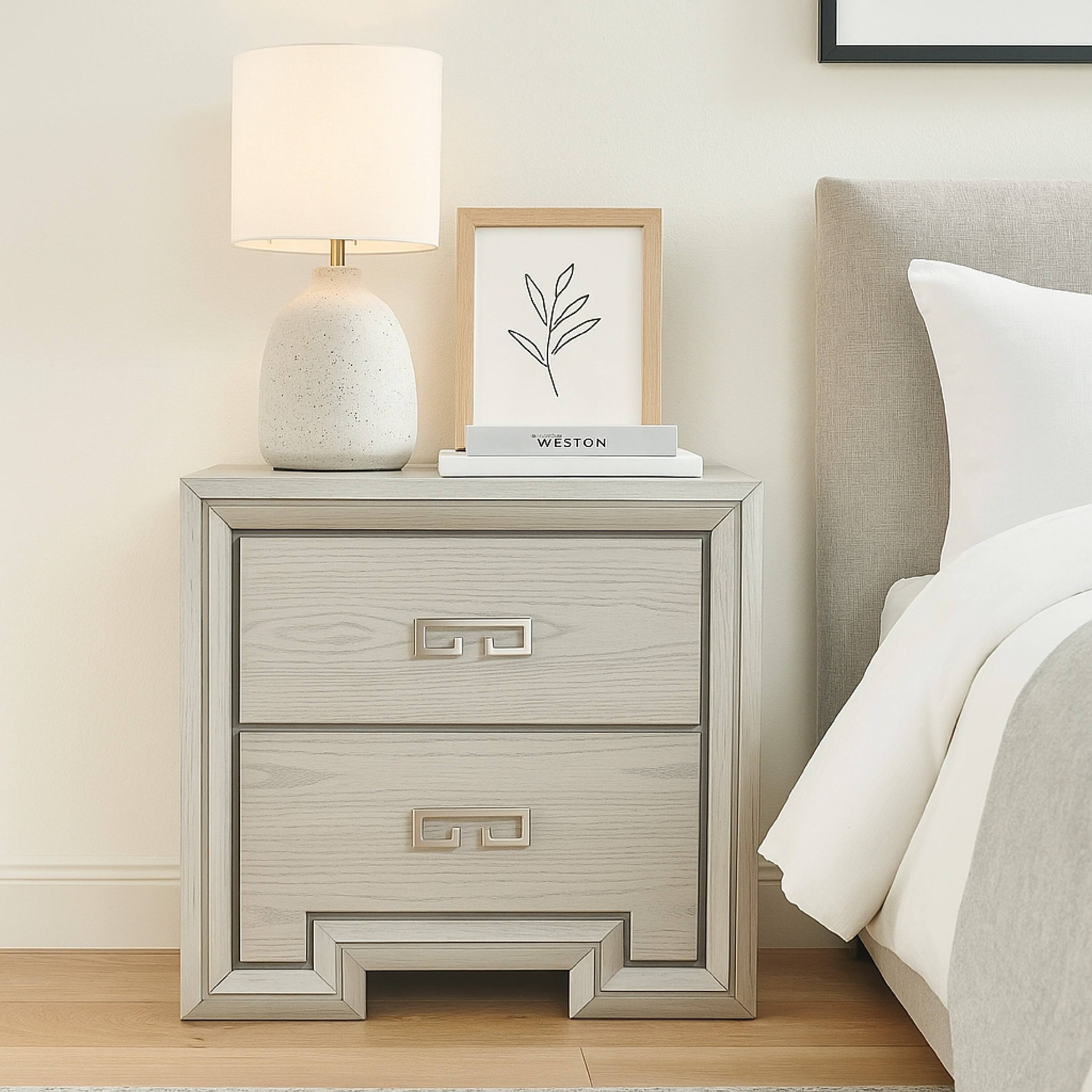 Alt View 5. Manhattan Lane - Basil Nightstand, 2 Drawers, 29 Inch - White, Nickel.