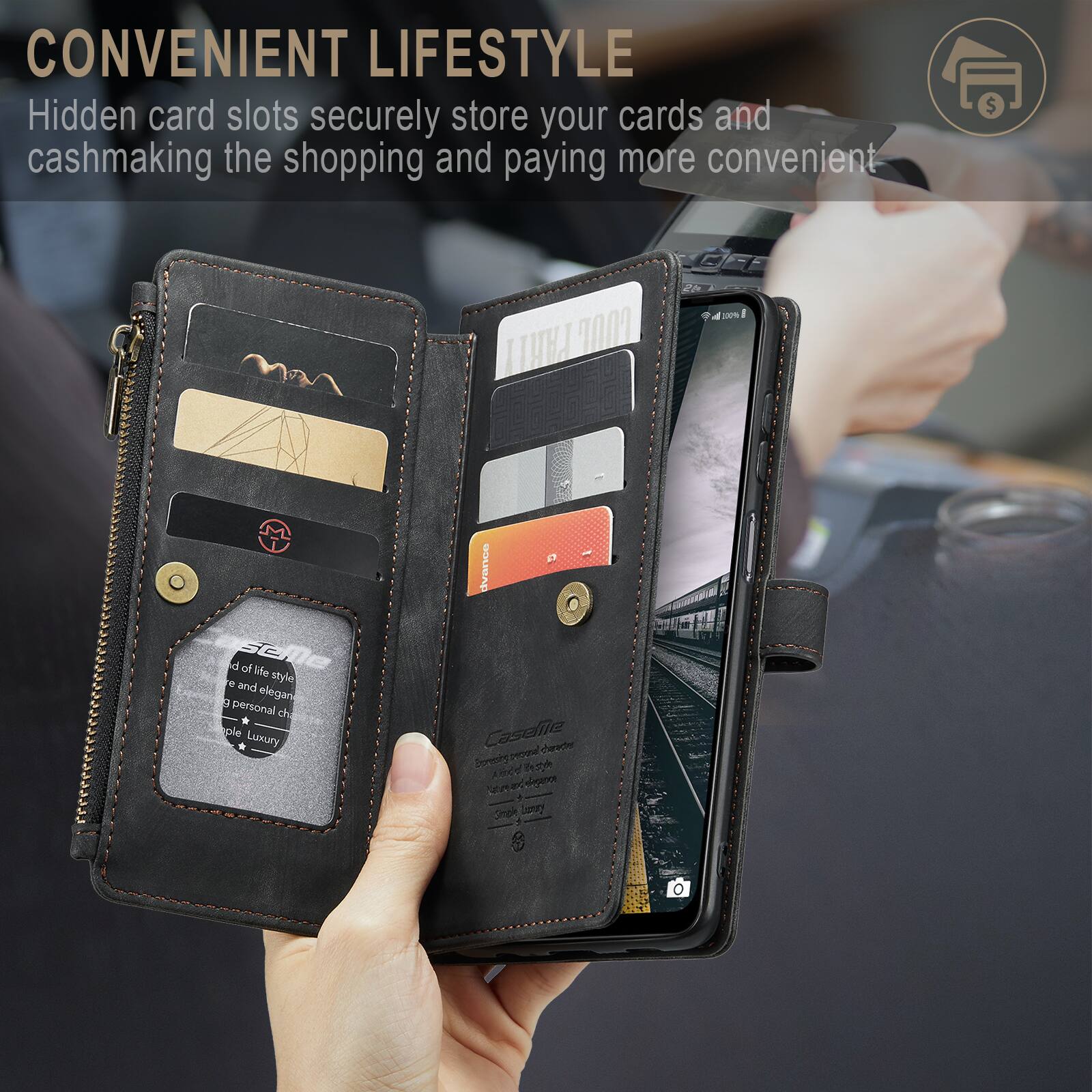 CONVENIENT LIFESTYLE  
Hidden card slots securely store your cards and cash, making the shopping and paying more convenient.  

PARI OM aR 2 A 100% - d seile of le e style and a elegant personal cthi * ple Luxury ivance Casalie sharecte boncily  
AXR hse . n ne Oengle S