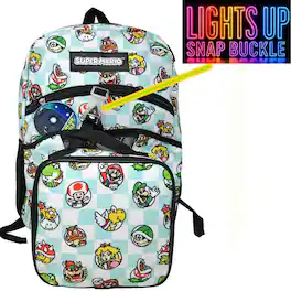 Nintendo - Super Mario 17" School Backpack With a matching Lunch Bag, a Light Up Snap Buckle, and a large front Pocket - Assorted Pre-Pack