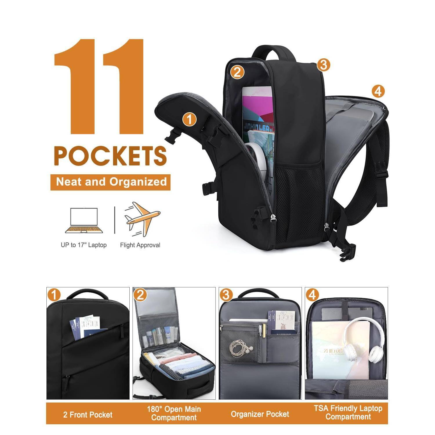 11 Pockets  
Neat and Organized  

1. Up to 17" Laptop  
2. Flight Approval  

1. 2 Front Pocket  
2. 180° Open Main Compartment  
3. Organizer Pocket  
4. TSA Friendly Laptop Compartment