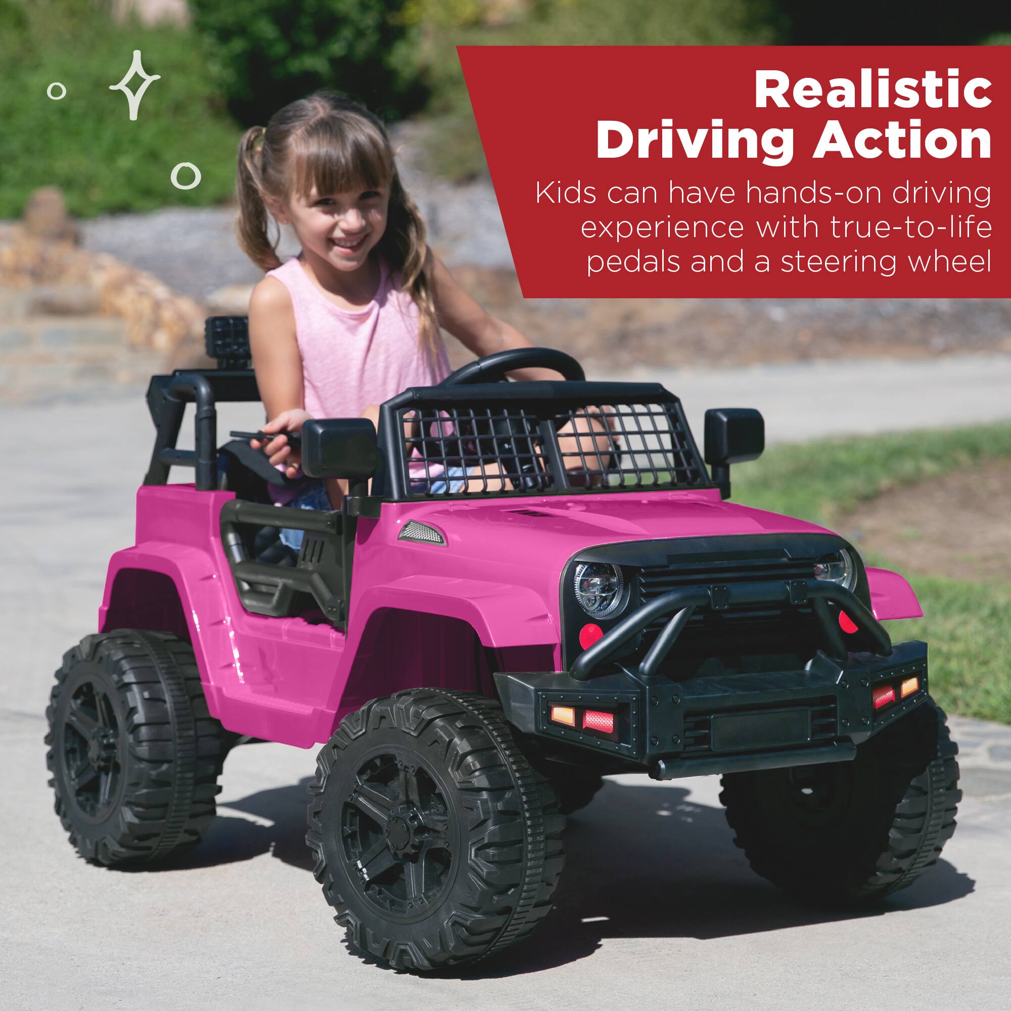 Realistic Driving Action: Kids can have hands-on driving experience with true-to-life pedals and a steering wheel.