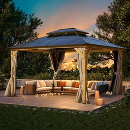U-HOMY - Hardtop Wood Gazebo with Double Roof, Privacy Curtains, Netting, Hooks for Lighting & Ventilation - 13'x15'