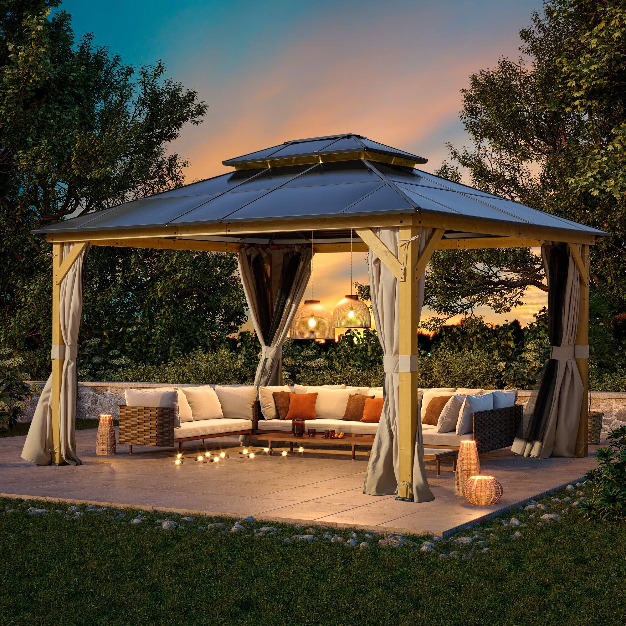 Left. U-HOMY - 13'x15' Wood Double-Roof Gazebo - WoodFrame.