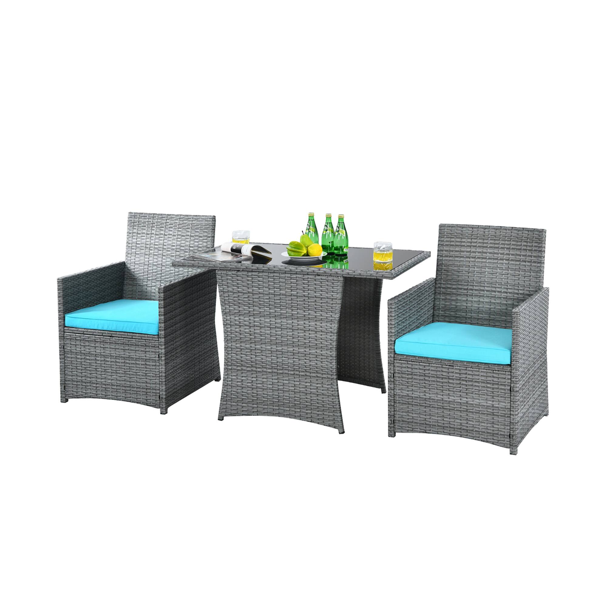 Alt View 1. Gymax - Gymax 3PCS Outdoor Rattan Conversation Set Patio Dining Table Set w/ Turquoise Cushions - Turquoise.