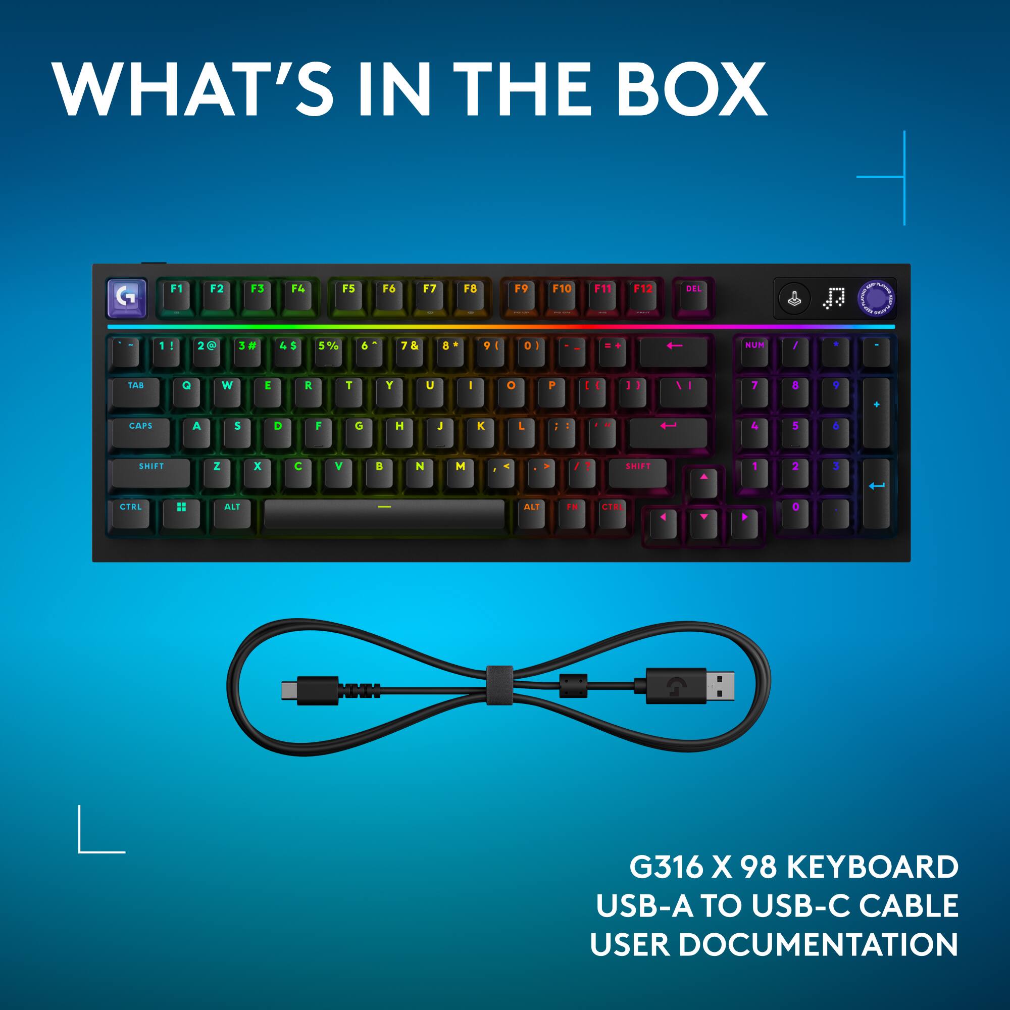 WHAT'S IN THE BOX

G316 X 98 KEYBOARD
USB-A TO USB-C CABLE
USER DOCUMENTATION