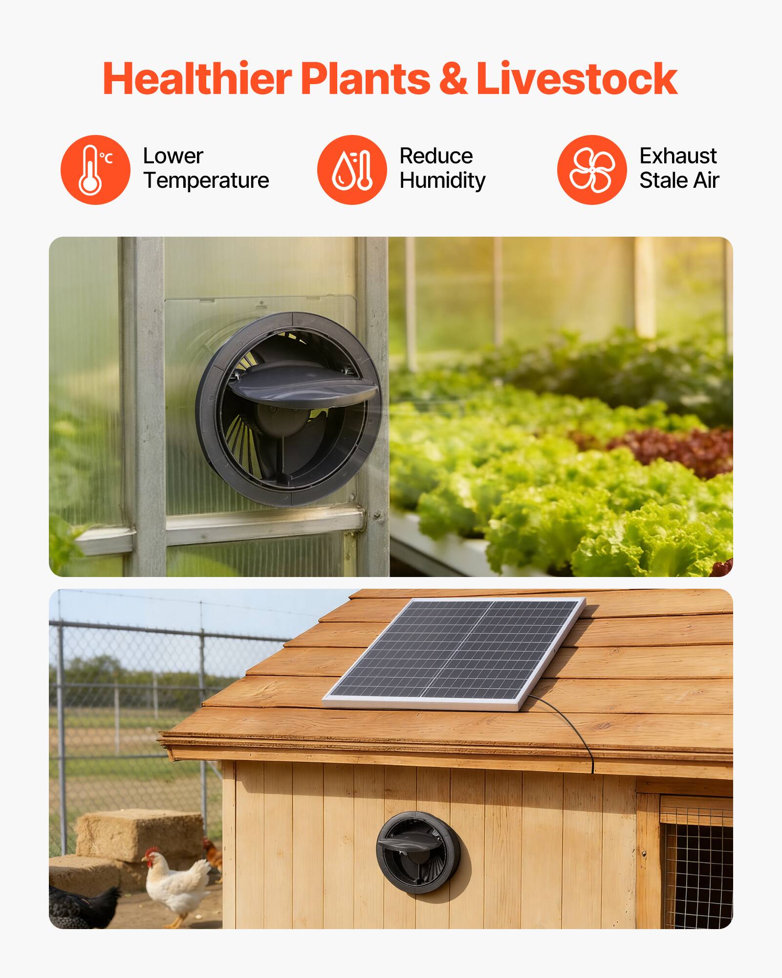 Healthier Plants & Livestock

- Lower Temperature
- Reduce Humidity
- Exhaust Stale Air
