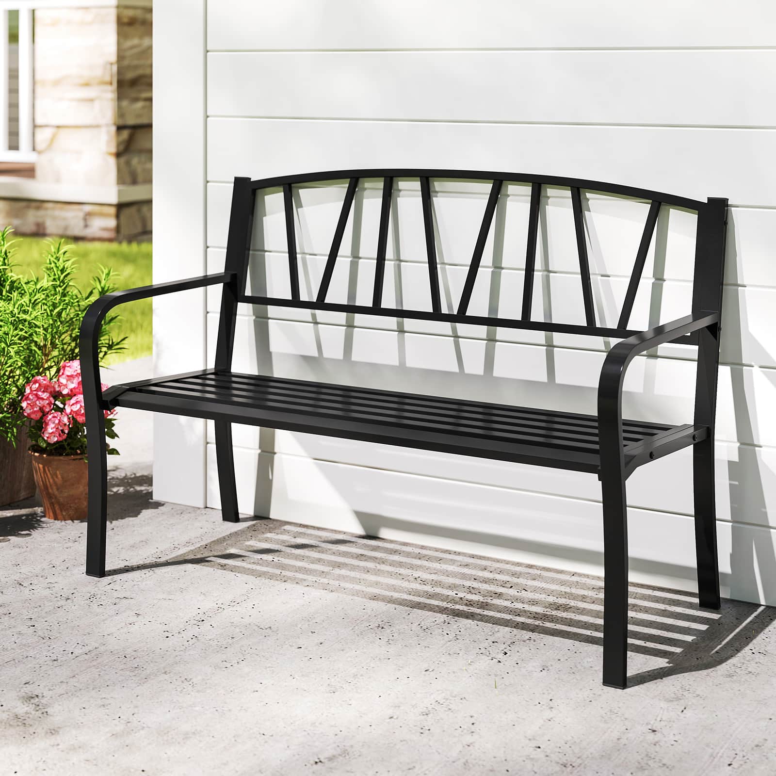 Gymax - 50.5'' Patio Metal Bench w/ Curved Armrests & Minimalist Backrest for Backyard - Black