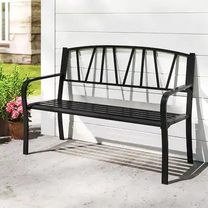 Front. Gymax - Gymax 50.5'' Patio Metal Bench w/ Curved Armrests & Minimalist Backrest for Backyard - Black.