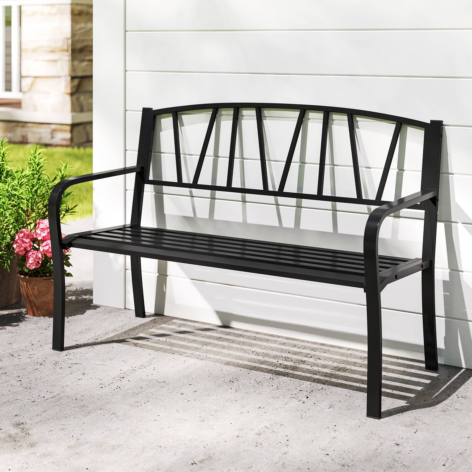 Front. Gymax - Gymax 50.5'' Patio Metal Bench w/ Curved Armrests & Minimalist Backrest for Backyard - Black.
