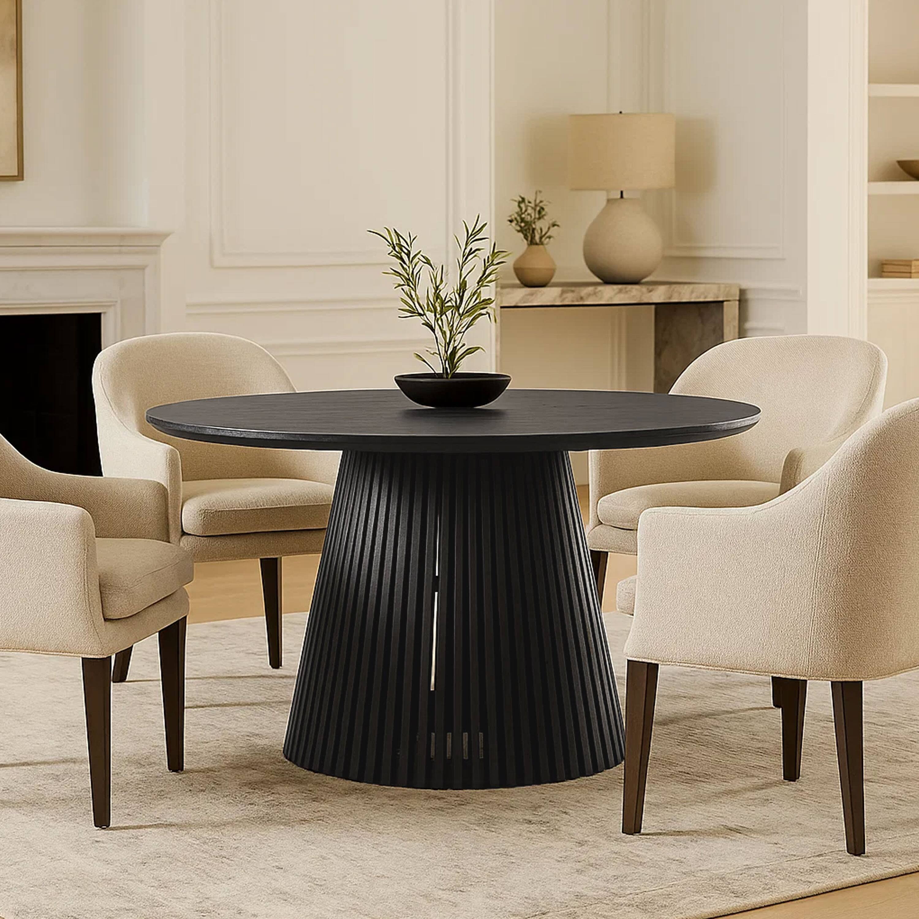 Alt View 8. Manhattan Lane - Ridge 47 Inch Handcrafted Mango Wood Round Dining Table, Slatted Flared Base - Black.