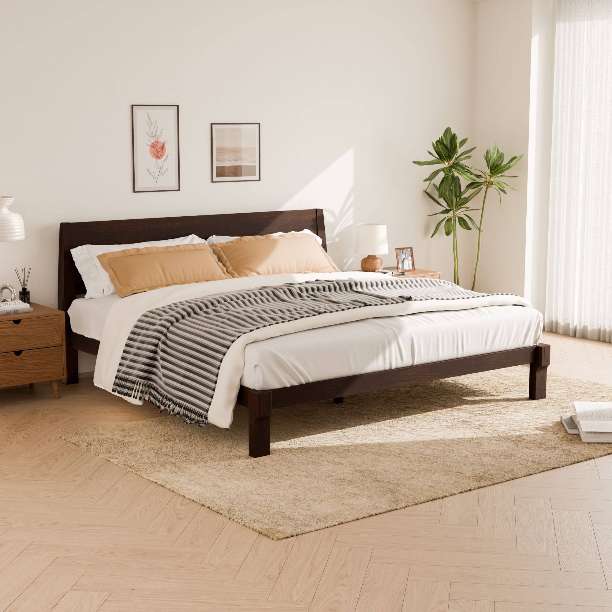 Angle. FlexiSpot - Kana Japanese Joinery Solid Wood Platform Bed Frame with Headboard - Dark Walnut.