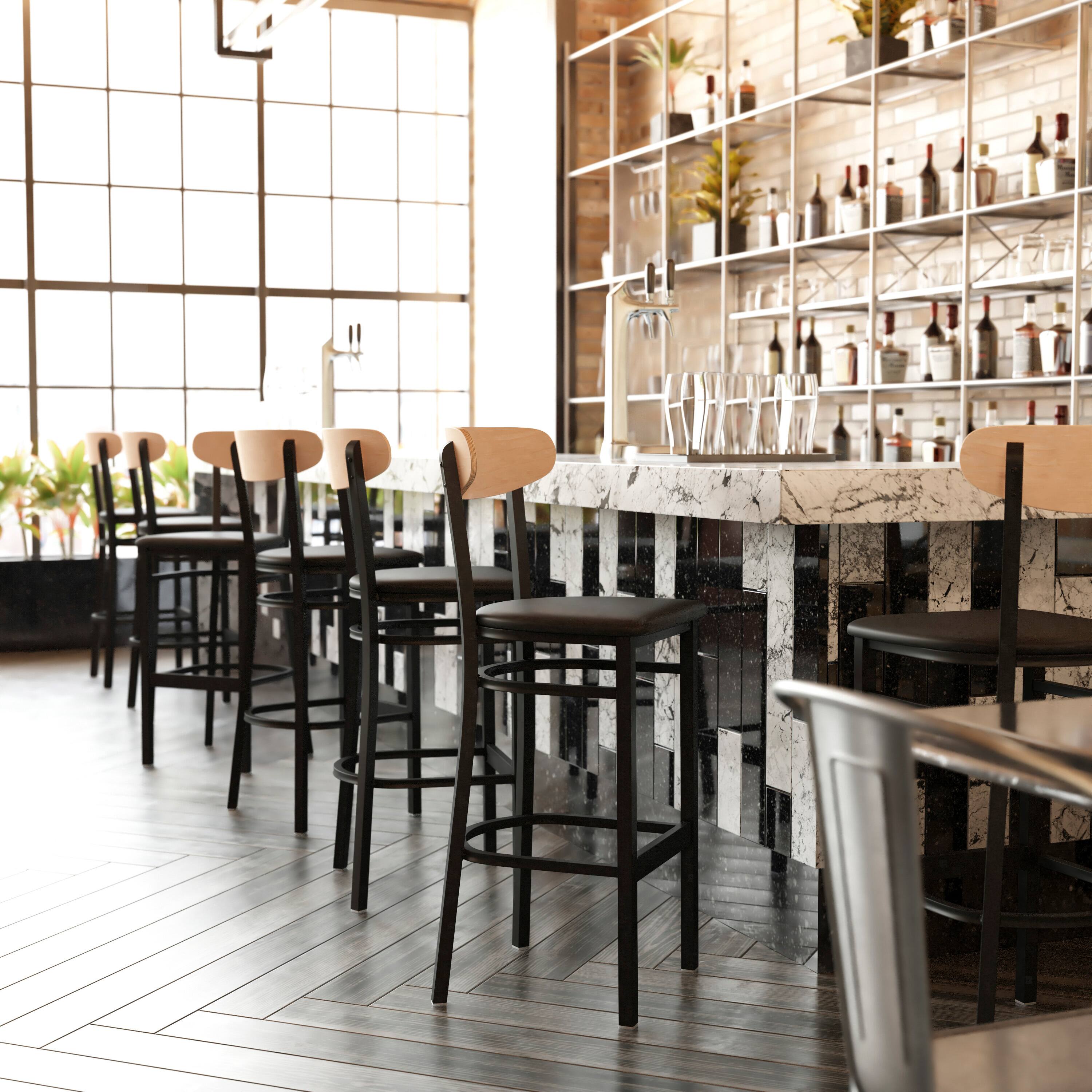 Alt View 2. Flash Furniture - Wright Commercial Barstool with 500 LB. Capacity Black Steel Frame, Natural Birch Finish Wooden Boomerang Back, and Blac - Black.