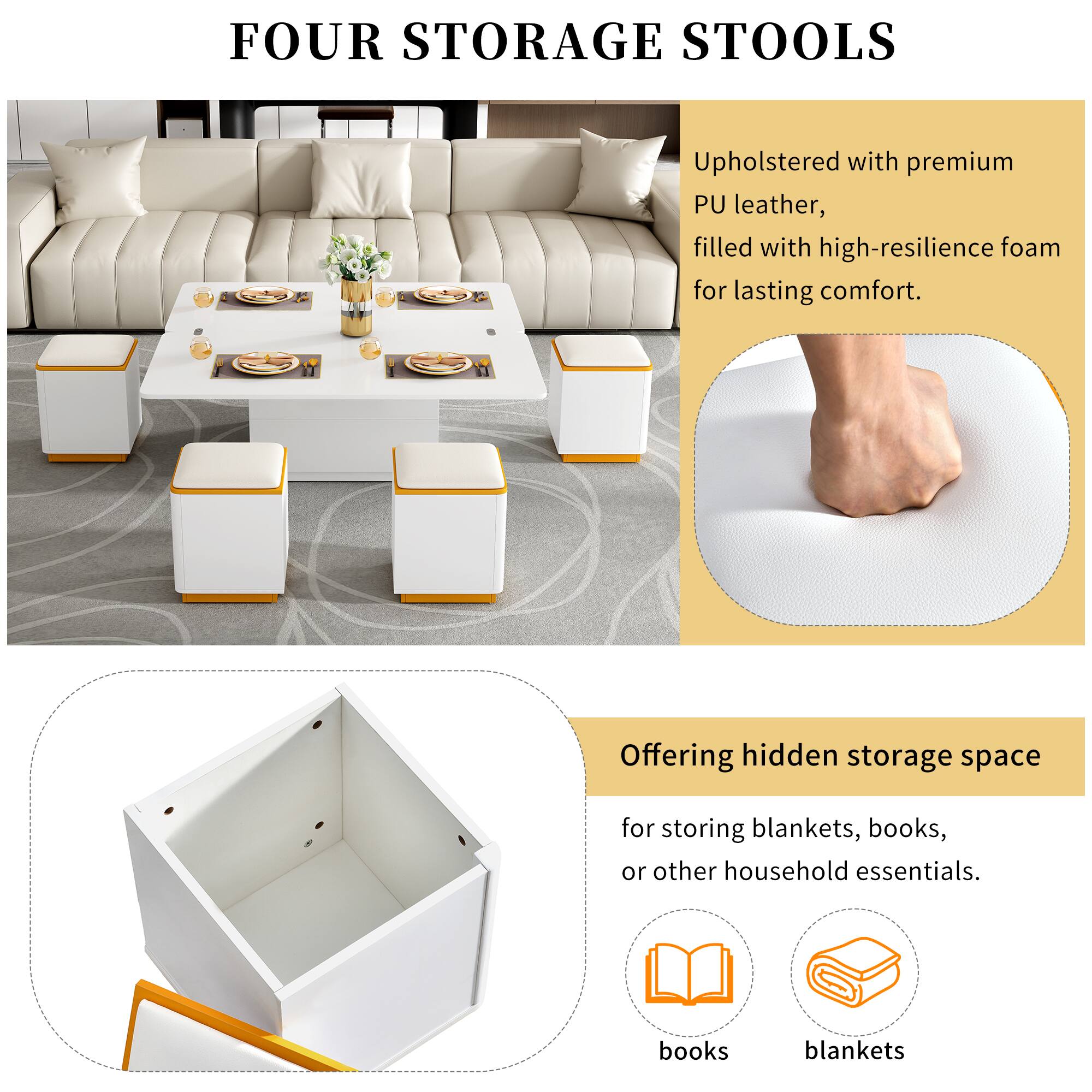 FOUR STORAGE STOOLS

Upholstered with premium PU leather, filled with high-resilience foam for lasting comfort.

Offering hidden storage space for storing blankets, books, or other household essentials.

books blankets