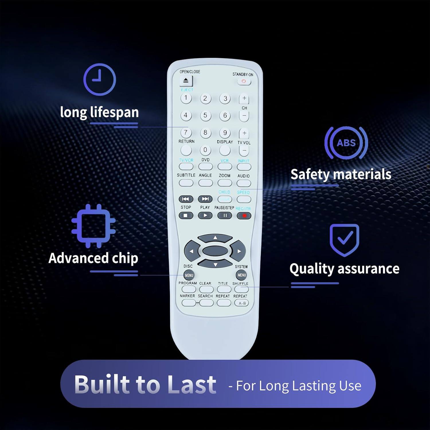 OPEN/CLOSE STANDBY-ON long lifespan FCI 1 2 3 4 5 6 7 8 9 RETURN 0 CH + - DISPLAY TV TV VOL I ABS TWNOR DVD VCR INPUT SUBTITLE ANGLE ZOOM AUDIO CHILD SPEED HH Safety materials STOP PLAY PAUSE/STEP REGITA A "1 Advanced chip DISC EN PROGRAM CLEAR STSTEM MEN TITLE SHUFFLE Quality assurance MARKER SEARCH REPEAT REPEAT A-F Built to Last - For Long Lasting Use