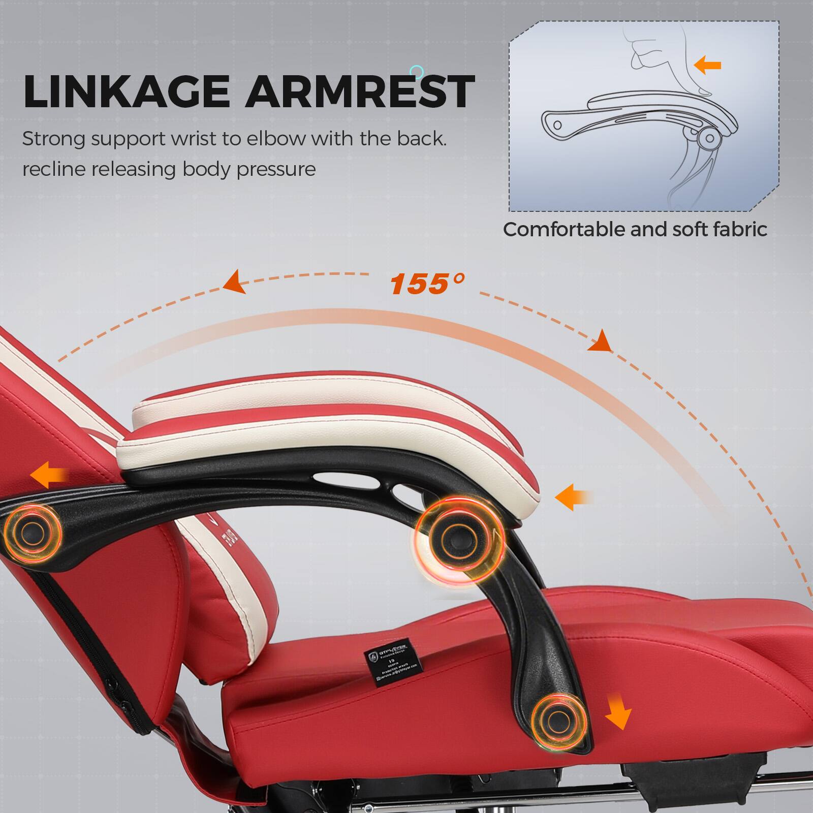 LINKAGE ARMREST

Strong support wrist to elbow with the back. recline releasing body pressure

Comfortable and soft fabric

155°