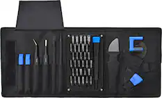 The image features a black toolbox containing various tools, including a spudger, a screwdriver, a wrench, and a knife. The tools are neatly organized and ready for use.