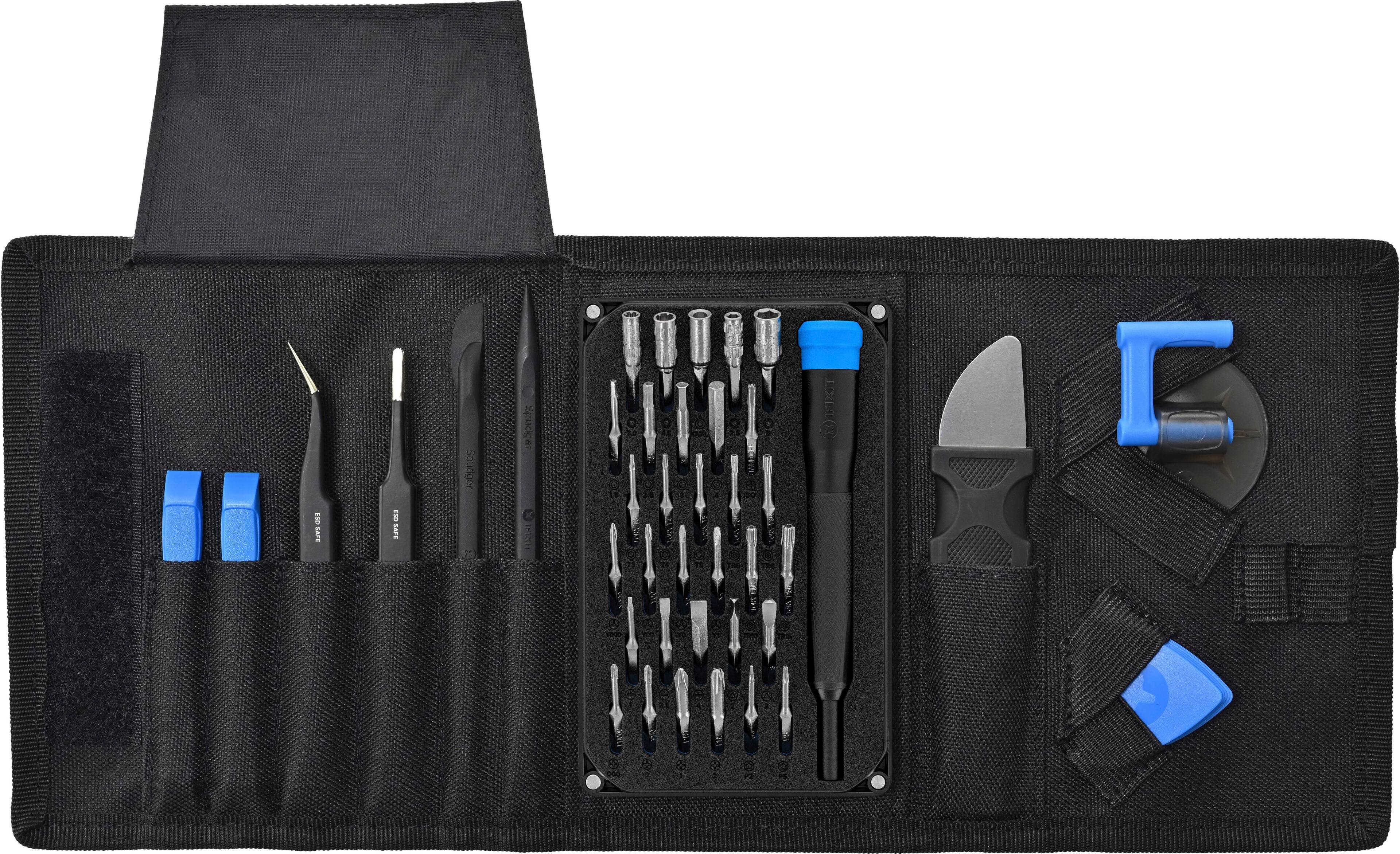 The image features a black toolbox containing various tools, including a spudger, a screwdriver, a wrench, and a knife. The tools are neatly organized and ready for use.