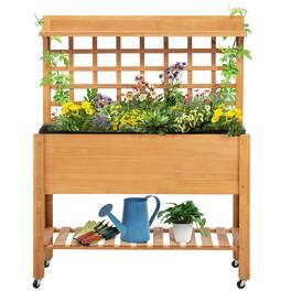 Outsunny - Elevated Garden Raised Bed with Shelf and Wheels Solid Wood Planter Flower Herb - Brown