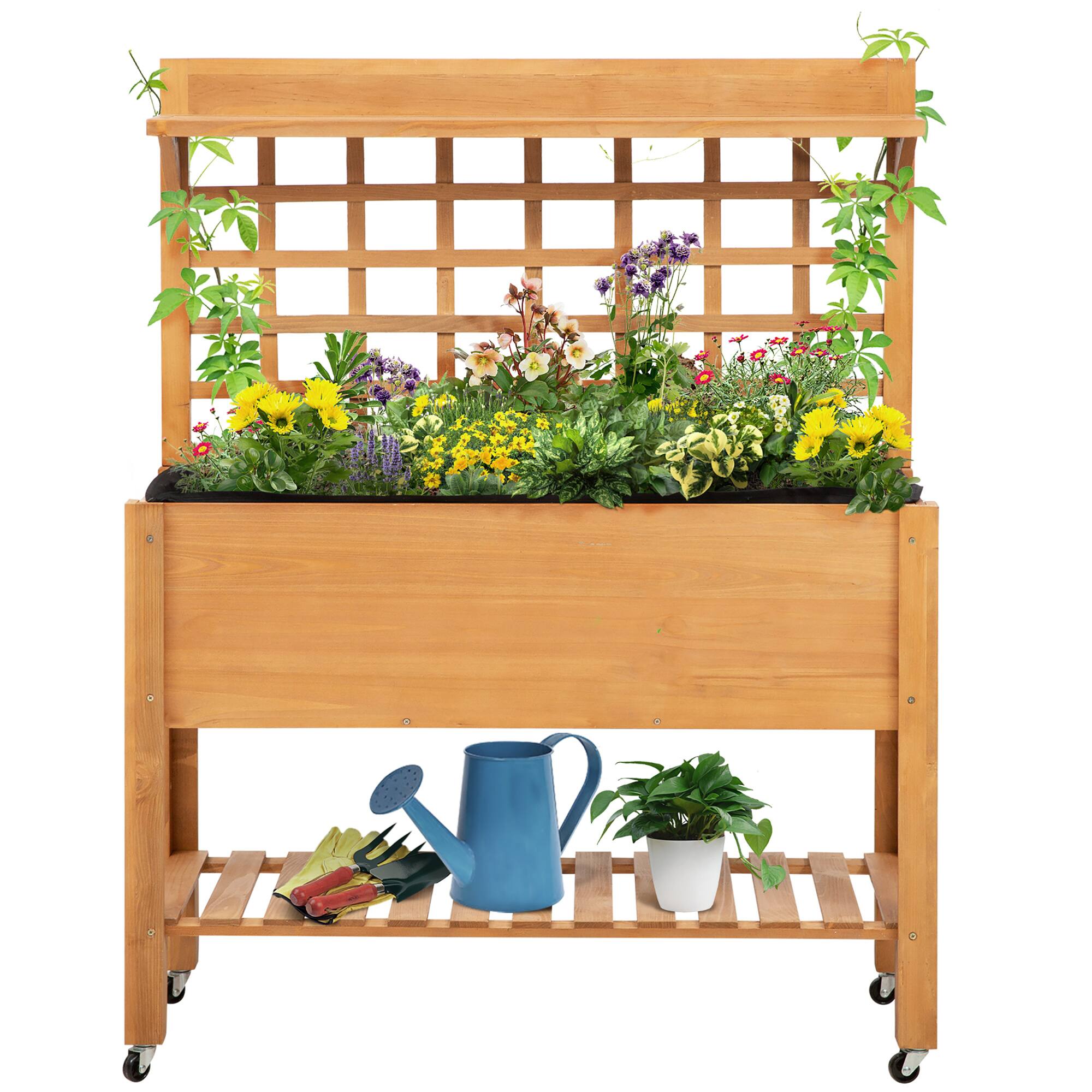 Front. Outsunny - Elevated Garden Raised Bed with Shelf and Wheels Solid Wood Planter Flower Herb - Brown.