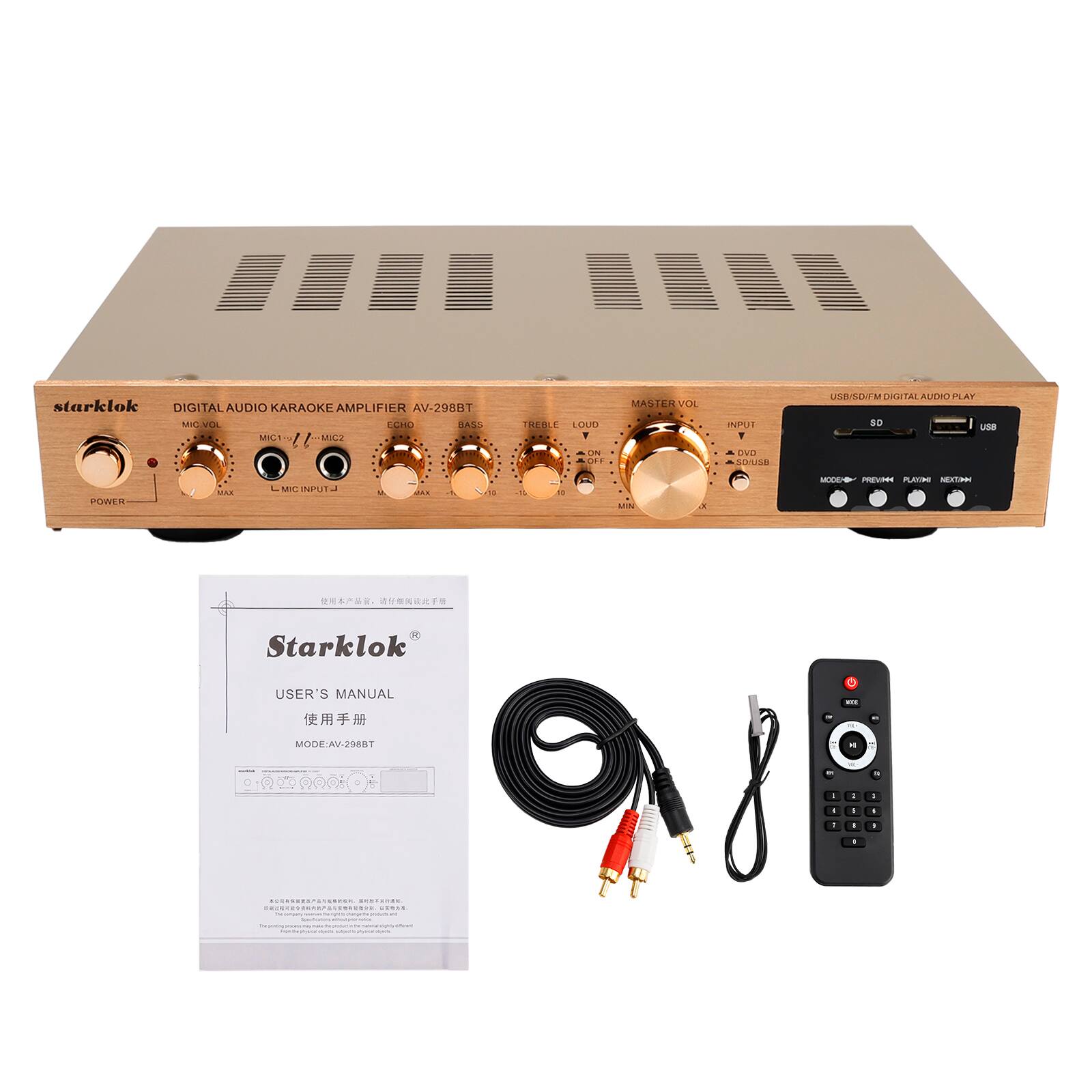 starklok DIGITAL AUDIO KARAOKE AMPLIFIER AV-298BT

VOL CAEE 4S5 MIGS J MILLE IREE E LEUT 1 - O MASTER VOL INPOT OvD SISS unrN M GAITAL AUTHO PLAY S0 use PowEn .... L MO INPU J  .. - MSCE n Add C   . R Starklok USER'S MANUAL  ... MODE-AV.208ET - . - a - . 1 .  - I | ........................... ....