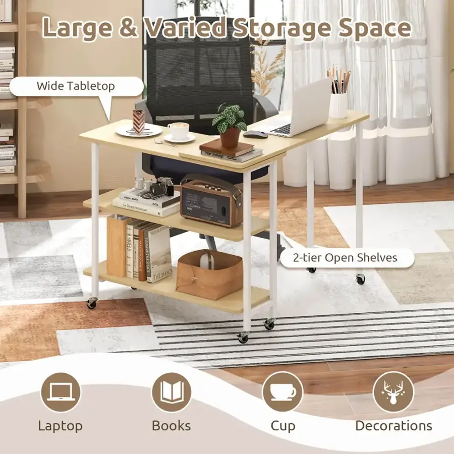Large & Varied Storage Space - Wide Tabletop - 2-tier Open Shelves - Laptop - Books - Cup - Decorations
