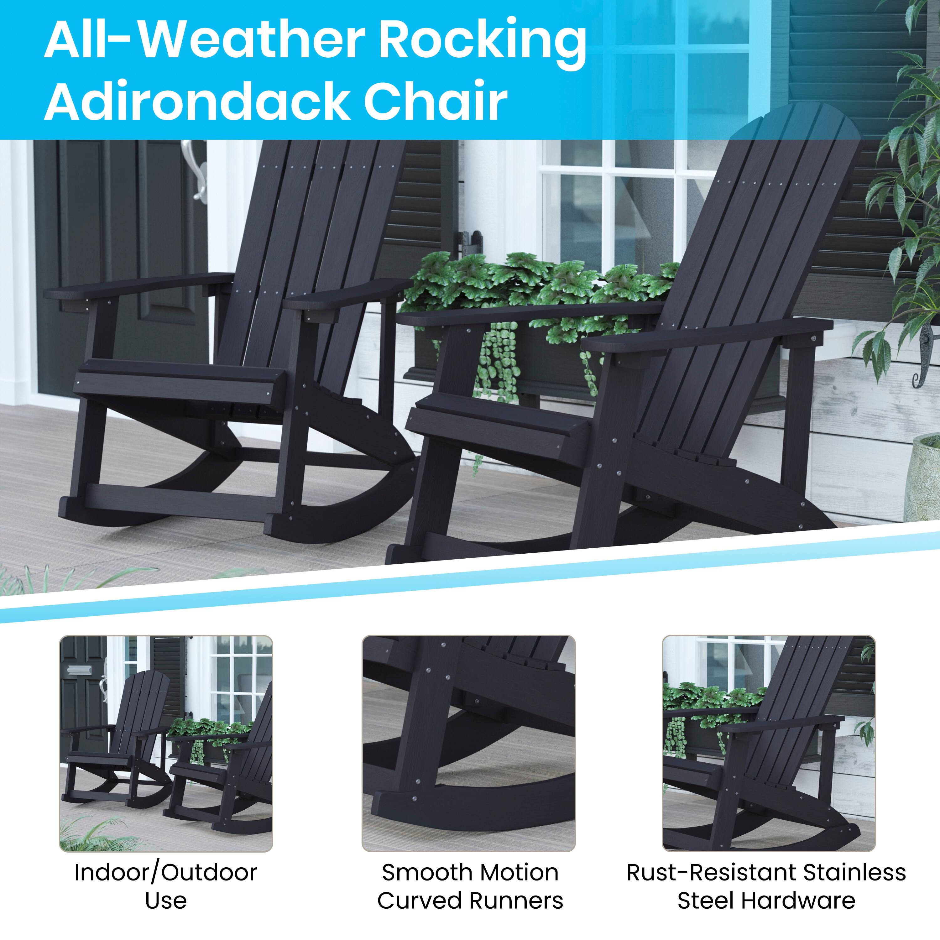 All-Weather Rocking Adirondack Chair Indoor/Outdoor Use Smooth Motion Rust-Resistant Stainless Curved Runners Steel Hardware