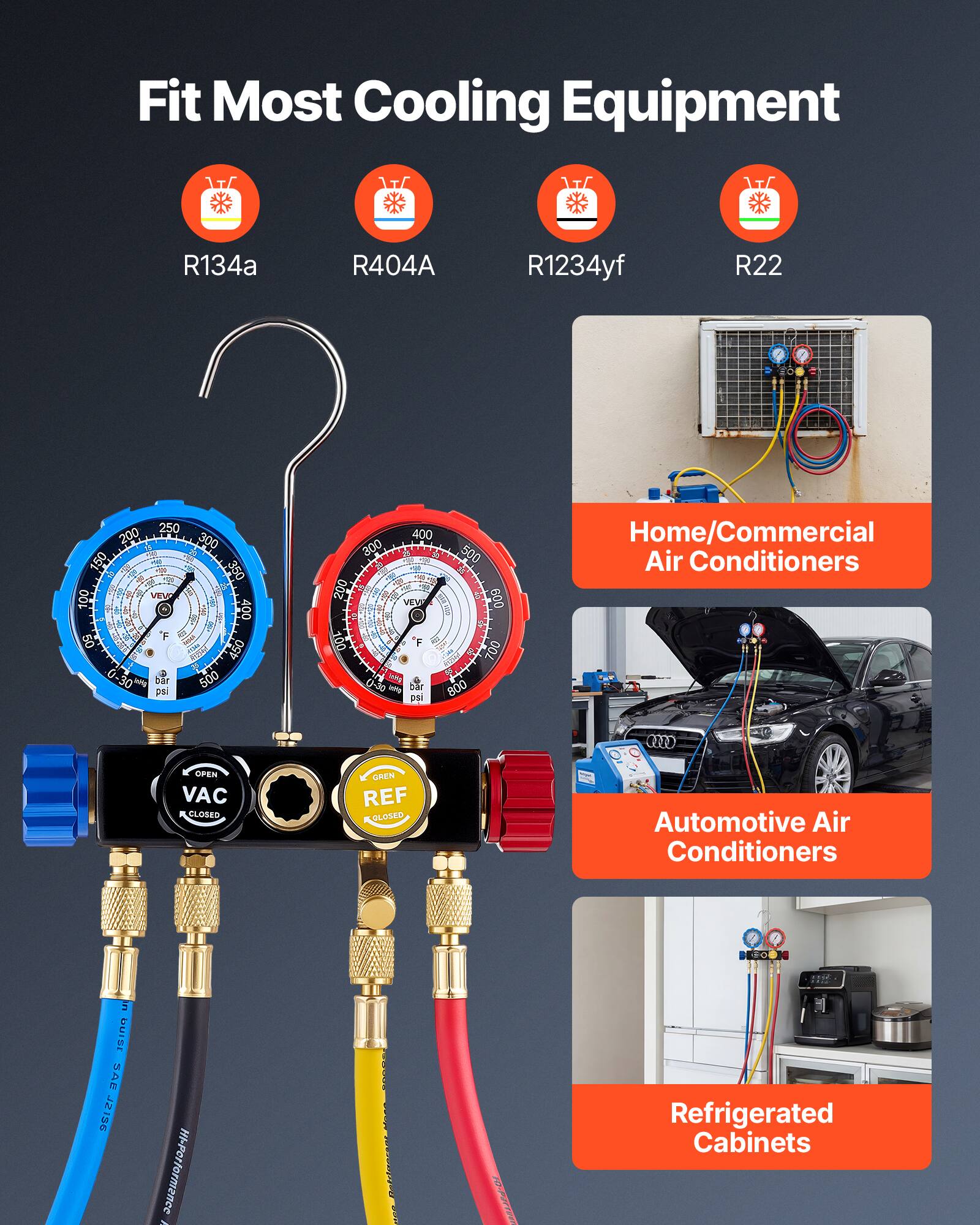 Fit Most Cooling Equipment

- R134a
- R404A
- R1234yf
- R22

Home/Commercial Air Conditioners

Automotive Air Conditioners

Refrigerated Cabinets