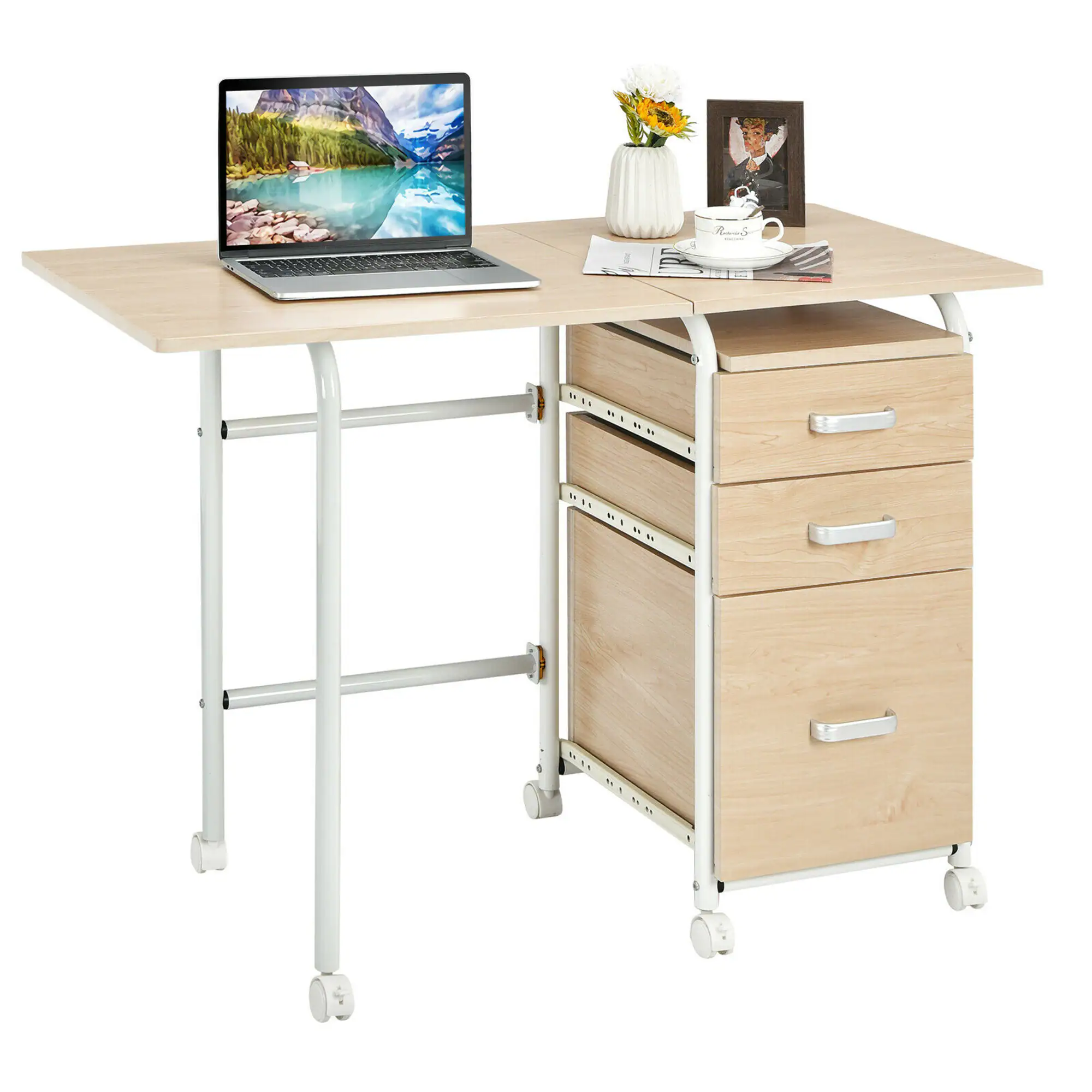 Front. Costway - Folding Laptop Desk with Three Drawers - Natural.