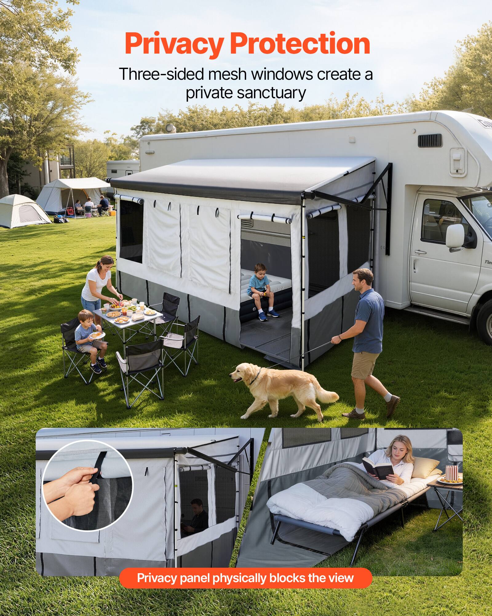 Privacy Protection  
Three-sided mesh windows create a private sanctuary  
Privacy panel physically blocks the view