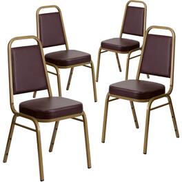Emma + Oliver - 4 Pack Trapezoidal Back Stacking Banquet Chair - Brown Vinyl/Gold Frame