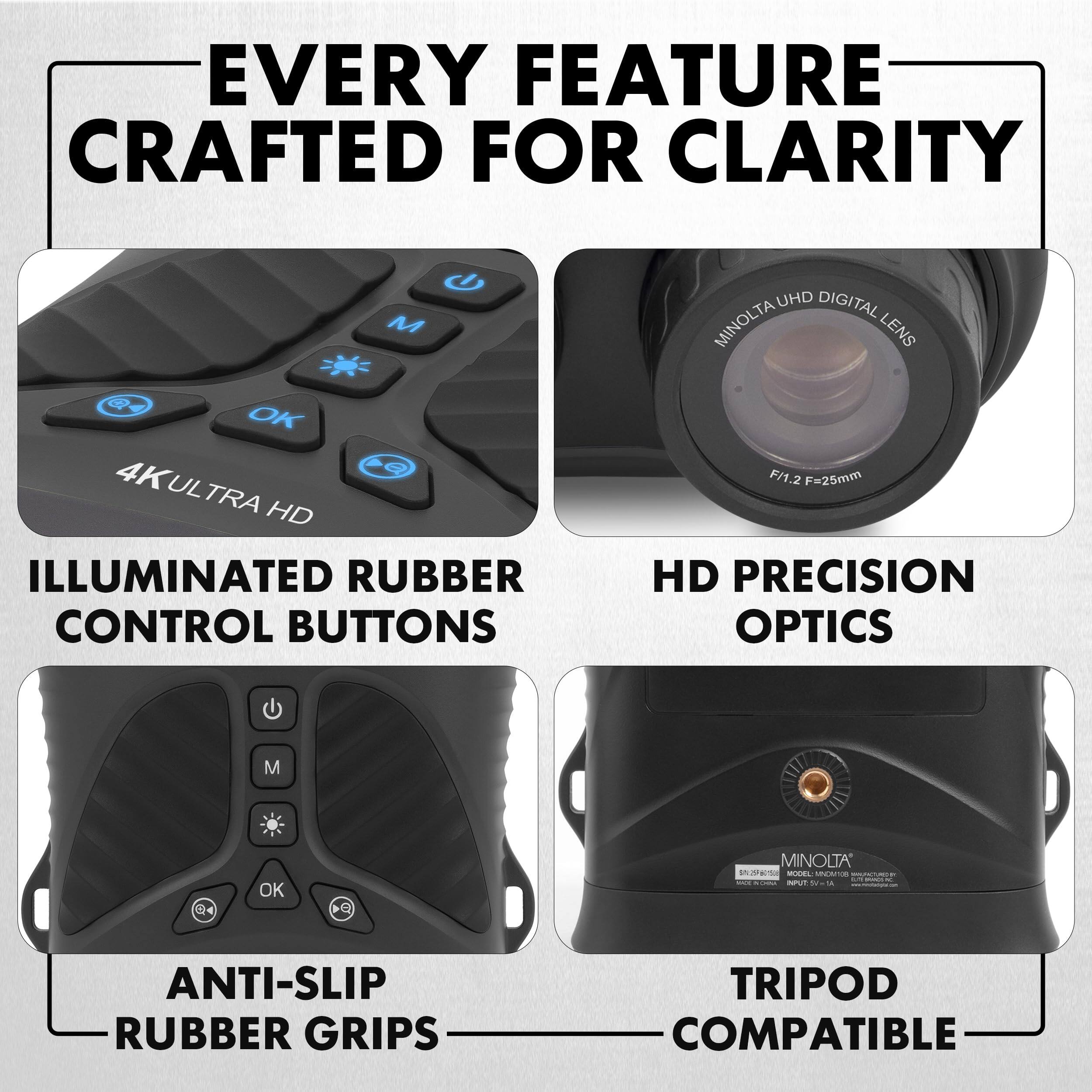EVERY FEATURE CRAFTED FOR CLARITY

- ILLUMINATED RUBBER CONTROL BUTTONS
- HD PRECISION OPTICS
- ANTI-SLIP RUBBER GRIPS
- TRIPOD COMPATIBLE

4K ULTRA HD

MINOLTA UHD DIGITAL LENS
F/1.2 F=25mm