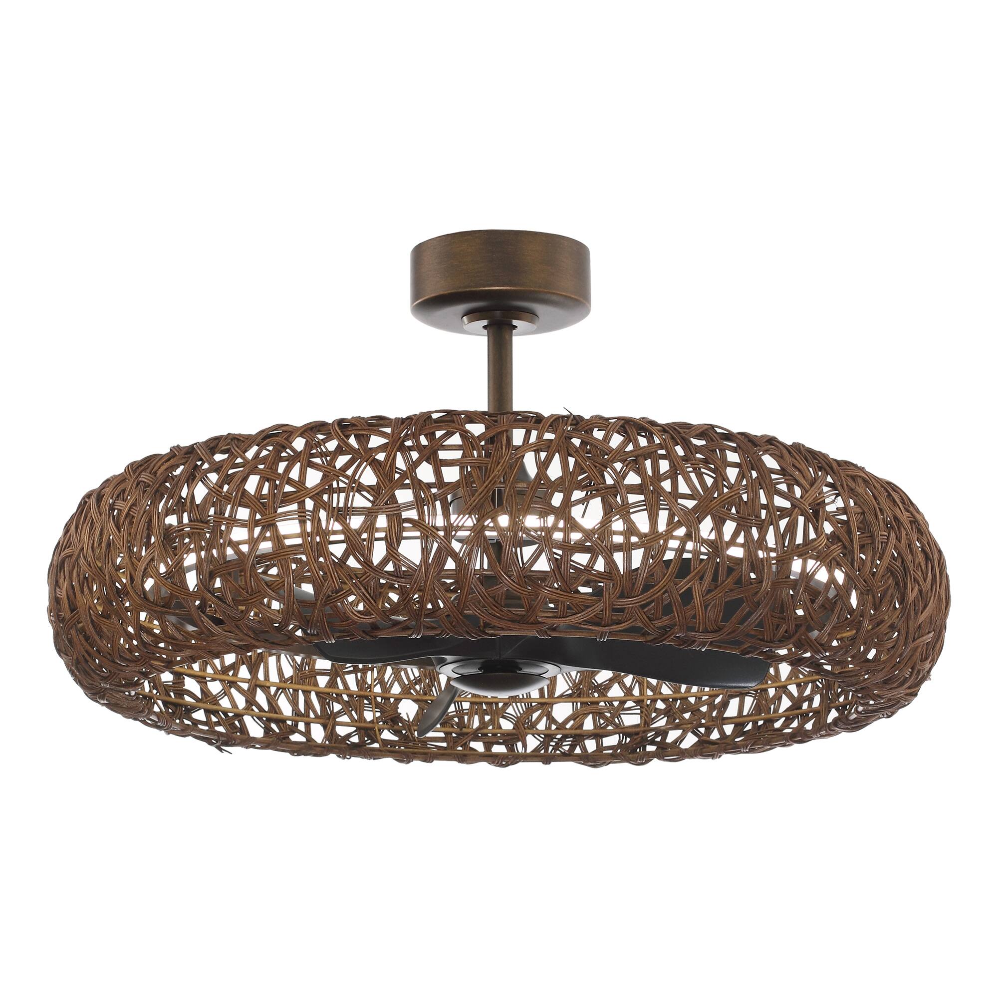 Alt View 4. Perimost - 35" Rusted Bronze Handmade Rattan Caged 3-Blade Ceiling Fan Chandelier with Remote - Gold.