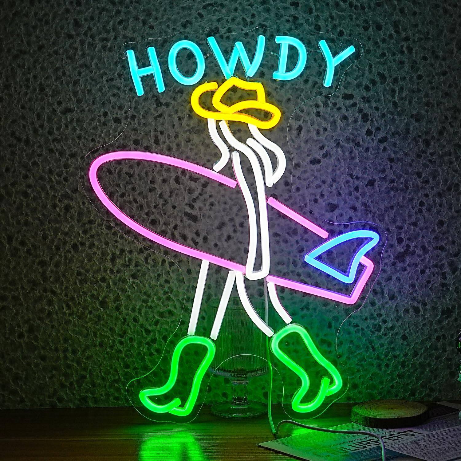 Auledio - Surfer Neon Sign LED USB Howdy Cowboy Light Up Sign for Wall Decor Dimmable Lady Surfboard Neon Light for Seaside Sand - Multicolor